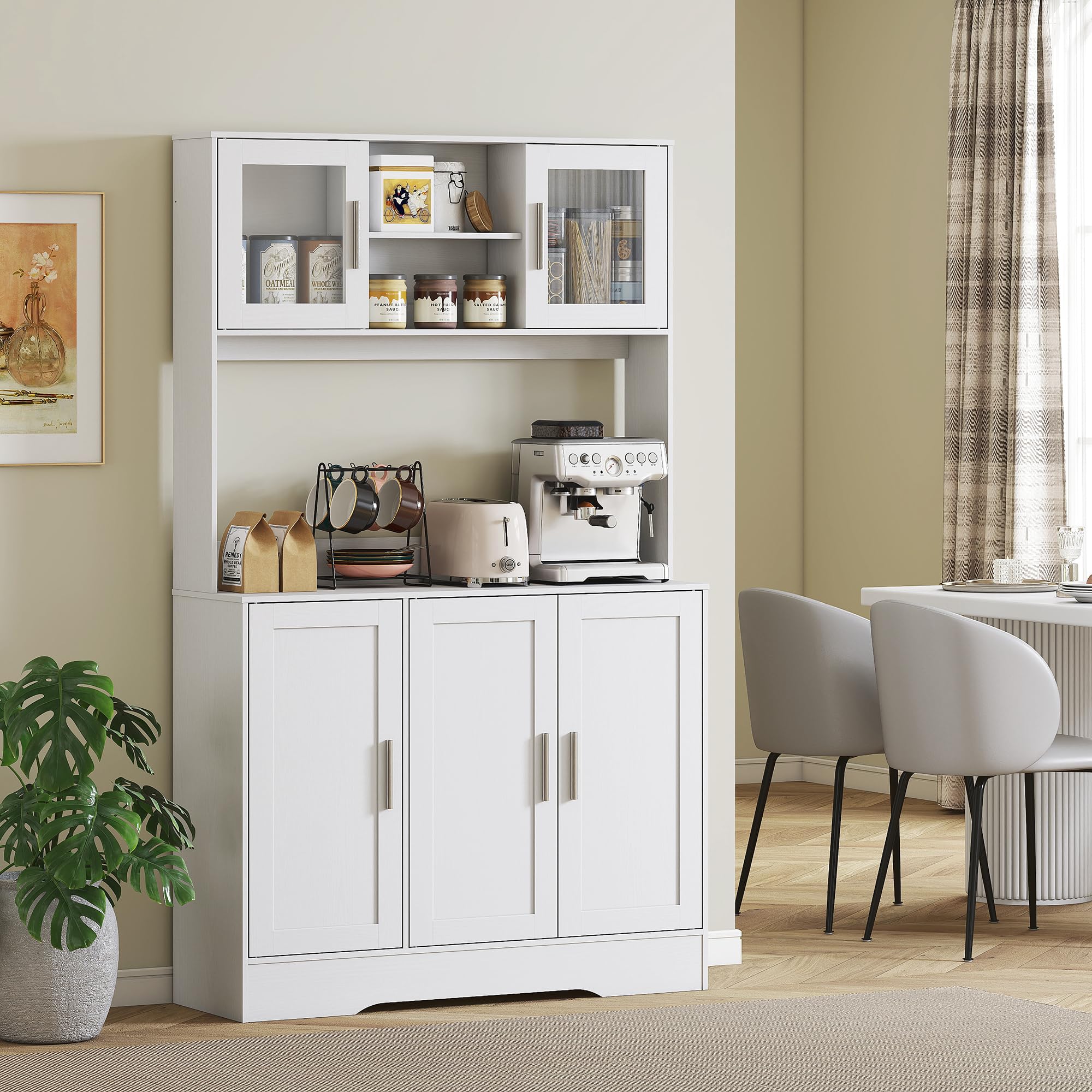 HOMCOM Alacena de Cocina, Mueble Auxiliar de Cocina con 2 Puertas de Vidrio, Encimera Amplia para Microondas, Compartimentos Abiertos, Estantes Ajustables, 108x35x180 cm, Blanco