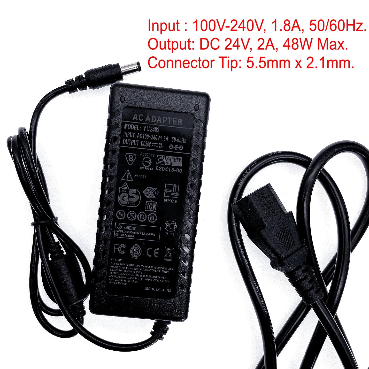 JZK 24V 2A Alimentation CA 100-240V 1.8 A à CC 24V 48W Transformateur convertisseur adaptateur secteur AC DC pour bande lumineuse LED, moniteur LCD, routeur, caméra de sécurité CCTV