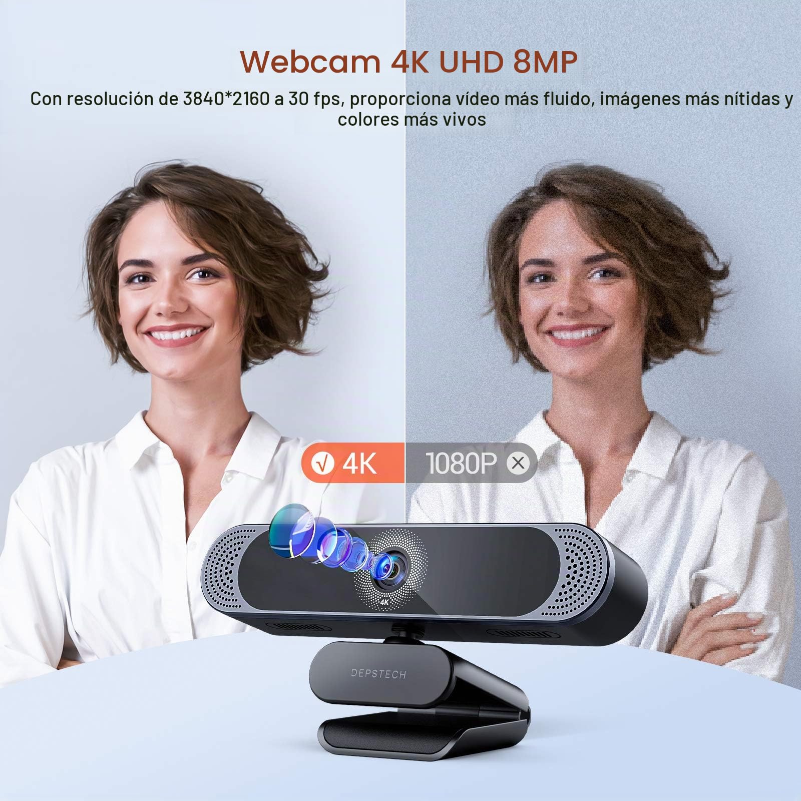 DEPSTECH Cámara Web 4K HD Con Micrófono 8MP, USB Autofocus, Caché y Trípode - Para PC, Portátil, Windows, Mac, Zoom, Skype, Youtube