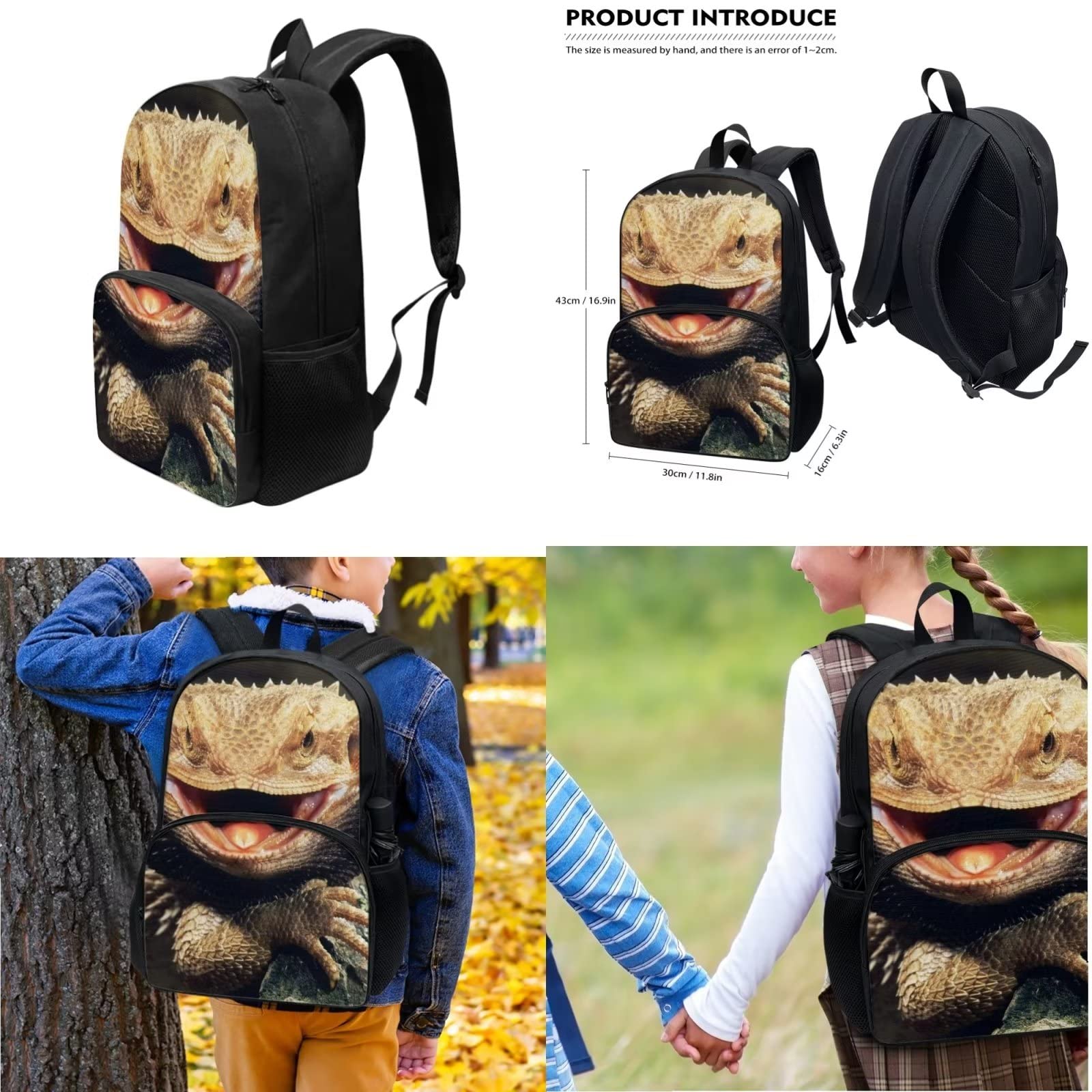 POLERO Mochila escolar de caballos para niños, juego de bolsas de almuerzo, estuche para lápices, 3 piezas, bolsas escolares, camaleón, Talla única, Mochila infantil