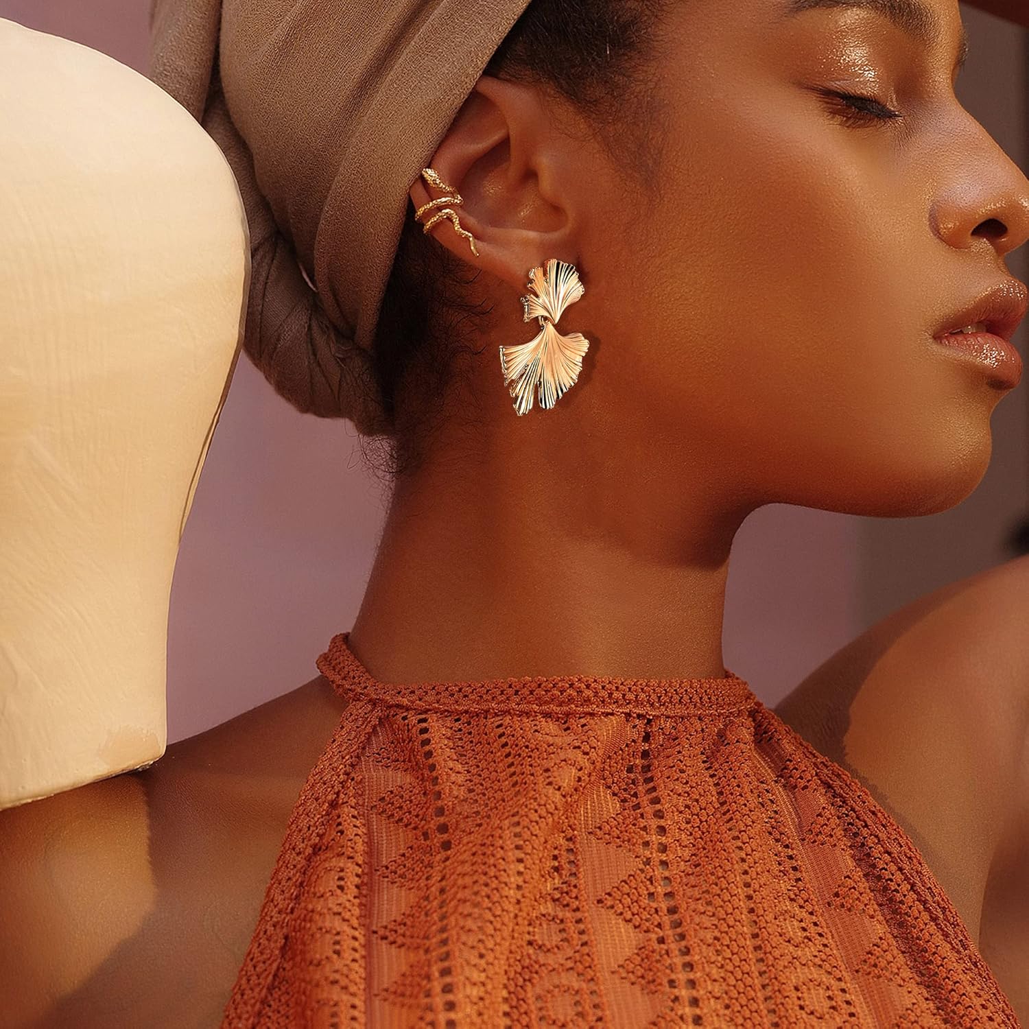 Gold Clip On Earrings for Women Trendy Non Piercing Dangle Earrings Exaggerated Heart Flower Leaf Statement Earrings 14K Gold Plated Large Earrings for Non-Pierced Ears Fake Earrings Set - Image 4