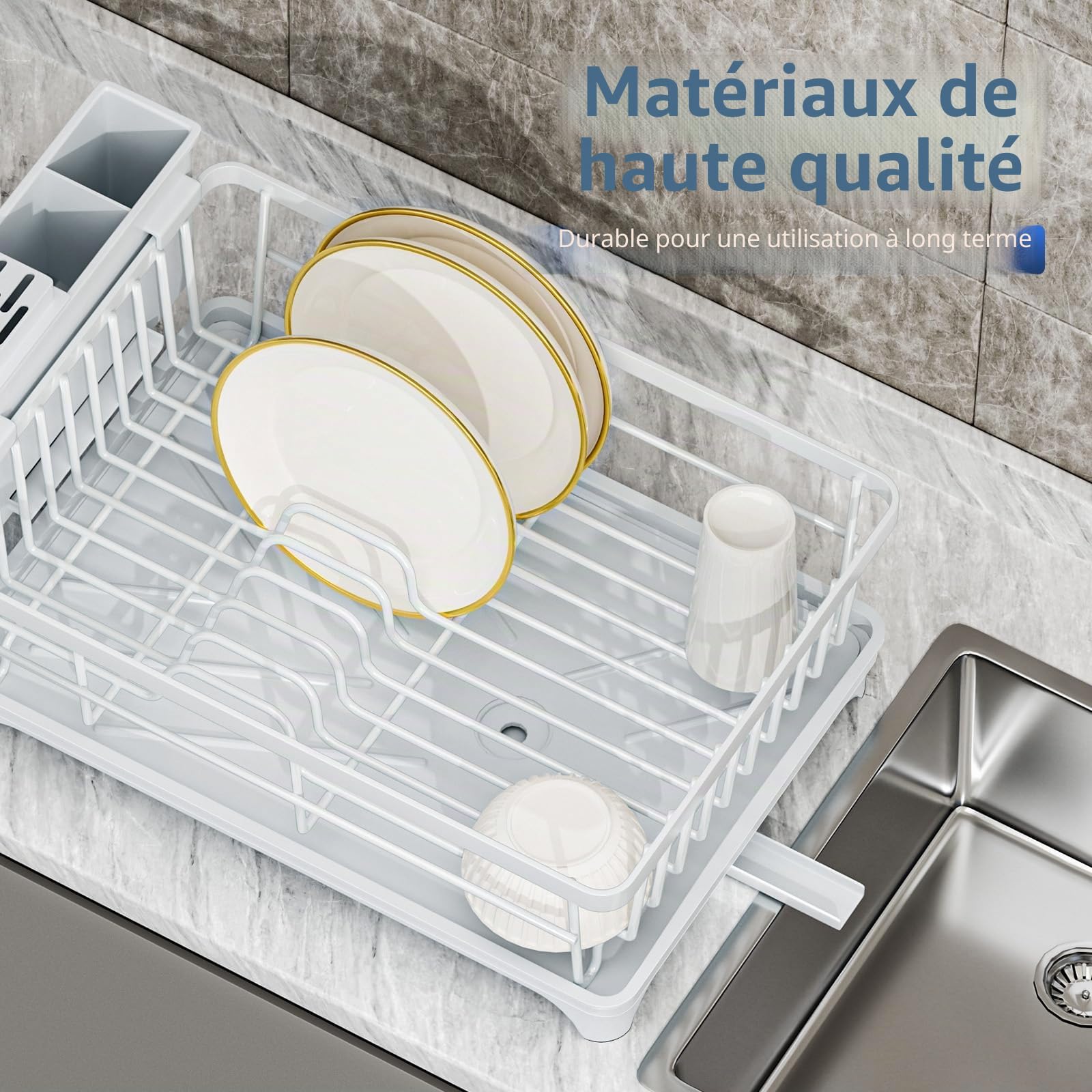 PurKeep Dish Drainer with Utensil Holder | For Kitchen Countertop, with Draining Board, White
