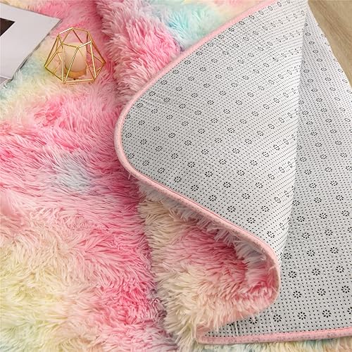 Vista 9 de Meeting Story Alfombras de área de color arcoíris, alfombras peludas de teñido anudado, suaves y mullidas para niñas, sala de estar, dormitorio