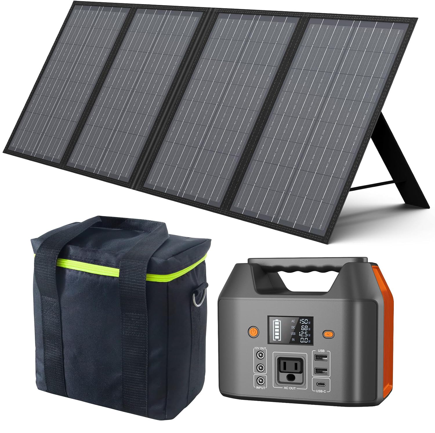 EnginStar 150W Power Bank with 60W Solar Panel and Bag 150W Power Station 42000mAh Solar Generator 6 Outputs