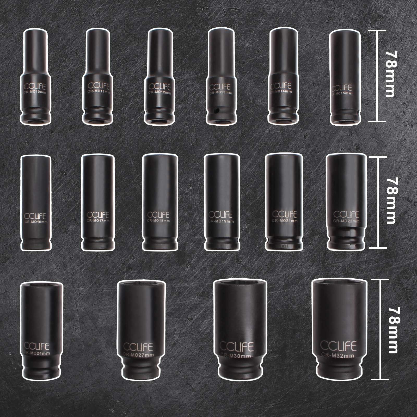 CCLIFE 16 pièces Coffret Douilles longue Douille a choc hexagonale 1/2" Carré, Cr-Mo 10-32mm convient pour visseuses