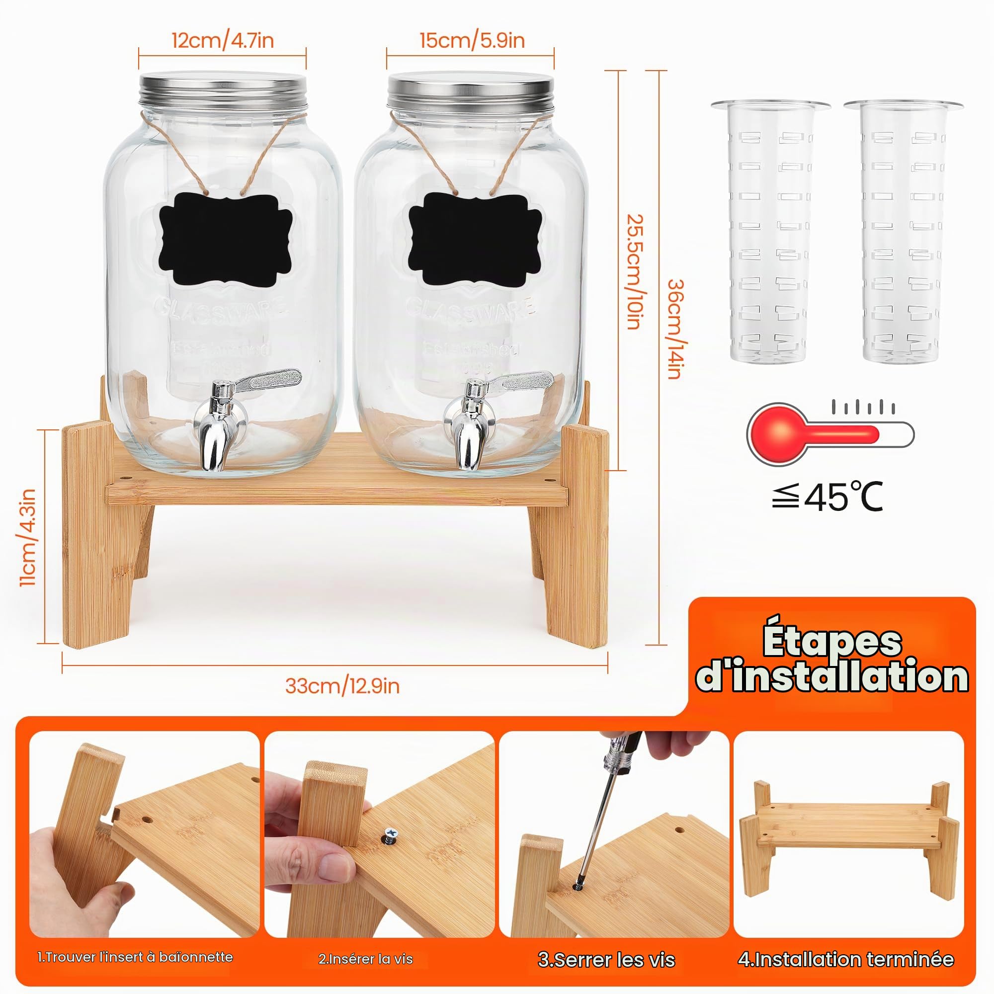 Lot de 2 × 4 L distributeurs de Boisson en Verre avec Robinet
