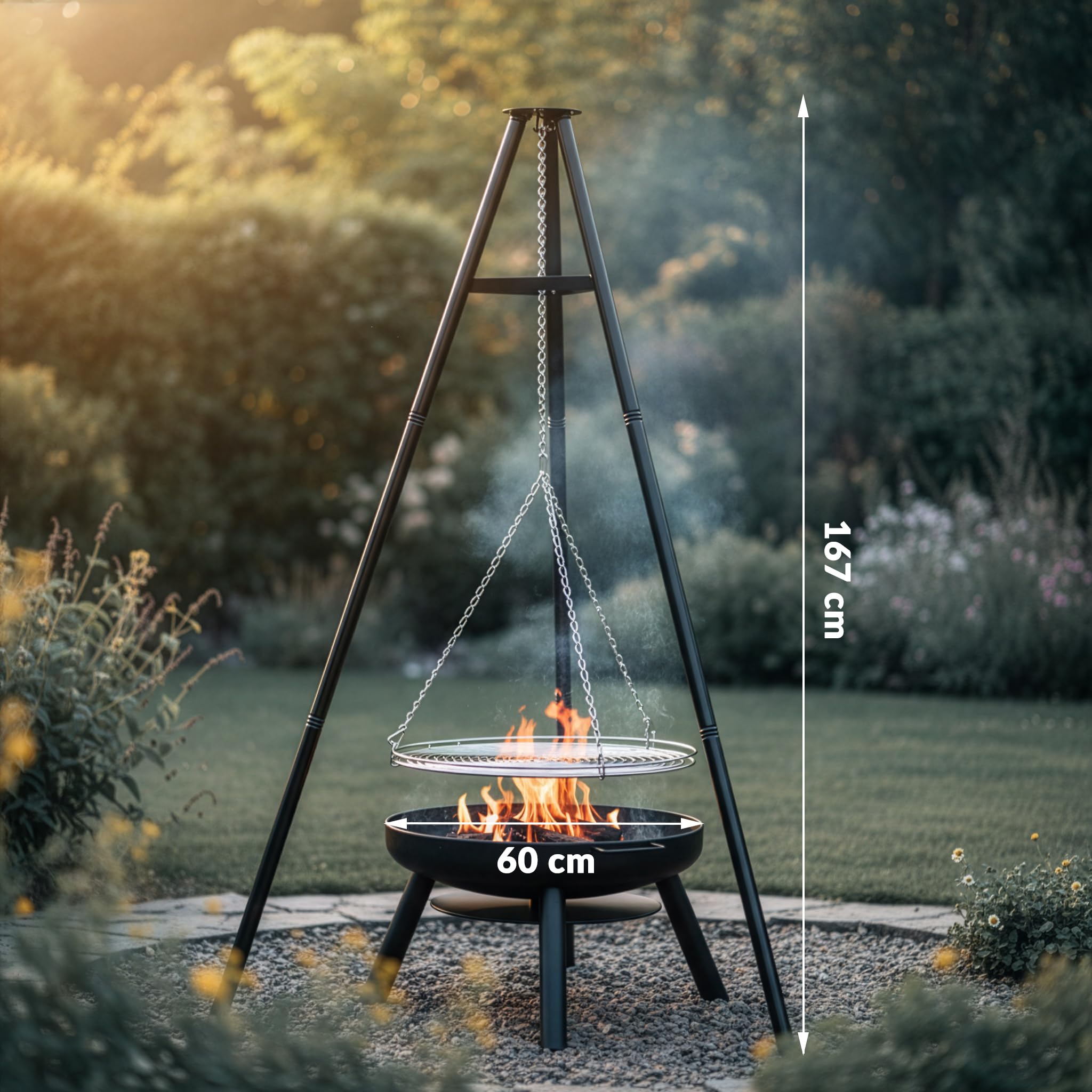 LEHMANN Brasero Exterieur Barbecue Ø 60 cm avec Grille de Cuisson - Grande Brasero de Jardin pour Terrasse la Jardin - Structure en Acier - Robuste et Durable - Noir - 12 kg