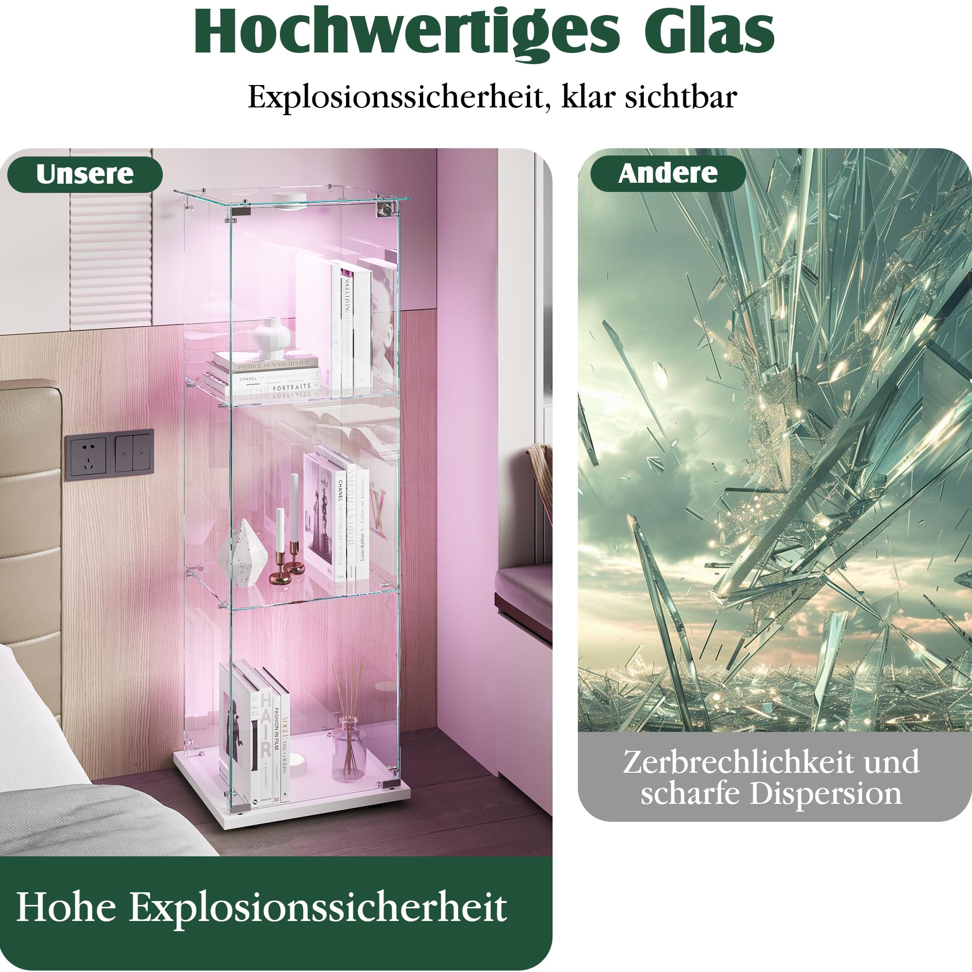 Glasvitrine Standvitrine mit LED, Glasvitrine Stehend mit 3 Lagen Glas, Vitrinenschrank 1 TüR & Schloss Vitrine Glasschrank für Wohnzimmer Büro Sammlerstücke