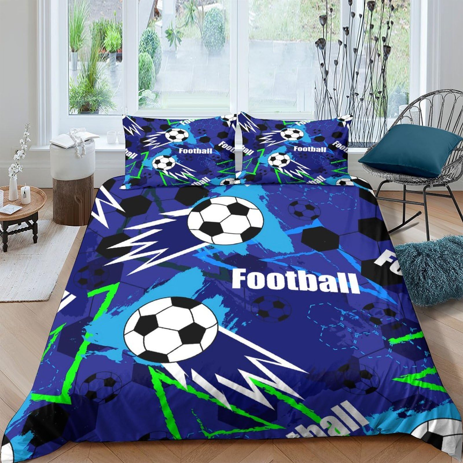 Ctjqhvkz Style-4 3D Printed Football Graffiti Fitted Sheet Microfiber Soft Blue Soccer Bed Cover For Bedroom Guest Room Dorm Easy Care Single（135X200cm）