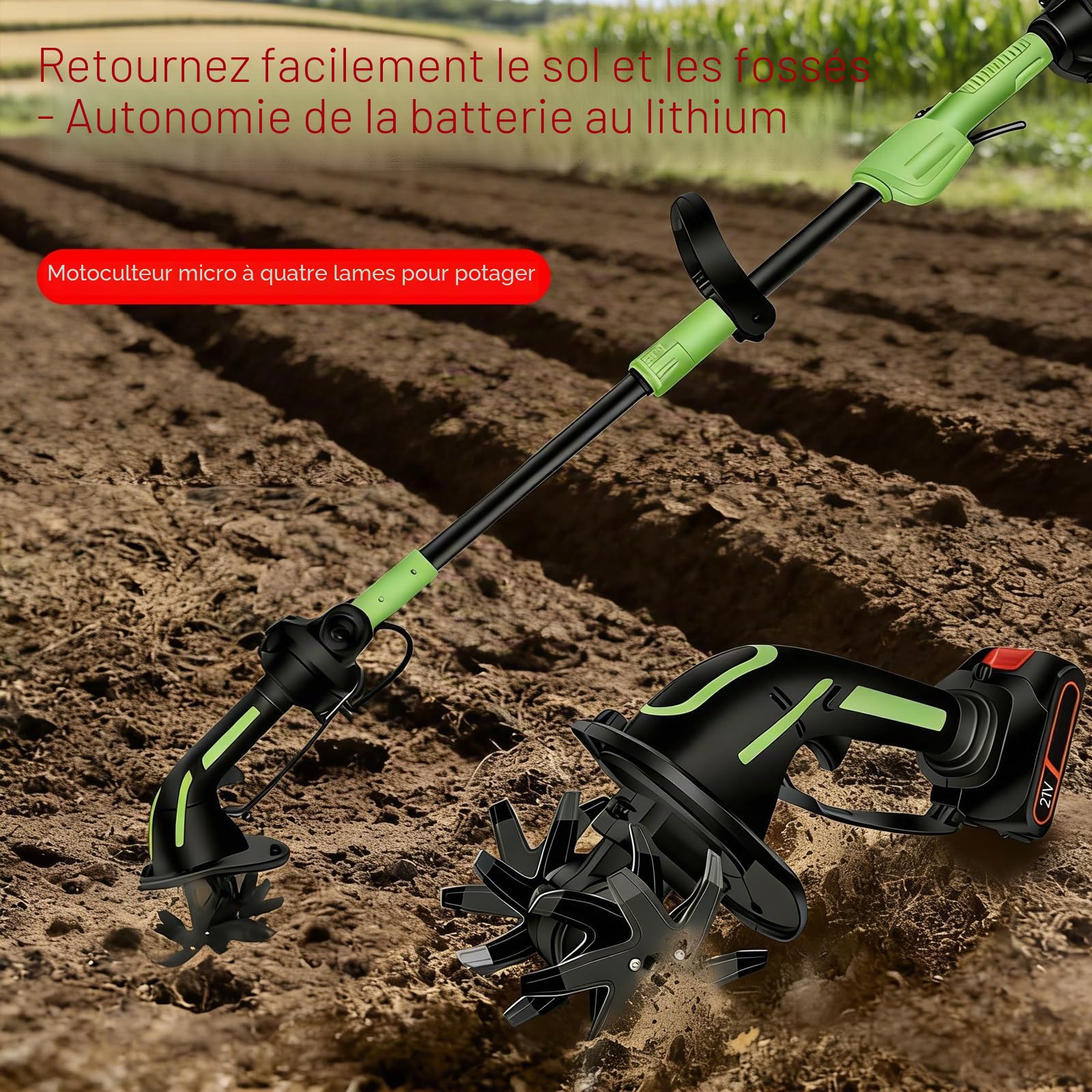 Motoculteur de Jardin sans Batterie, Mini cultivateur sans Fil avec Batterie 21V, houe électrique avec Tige Extensible, Largeur et Profondeur de Travail 10 cm, pour Labour et désherbage (2 Batterie)