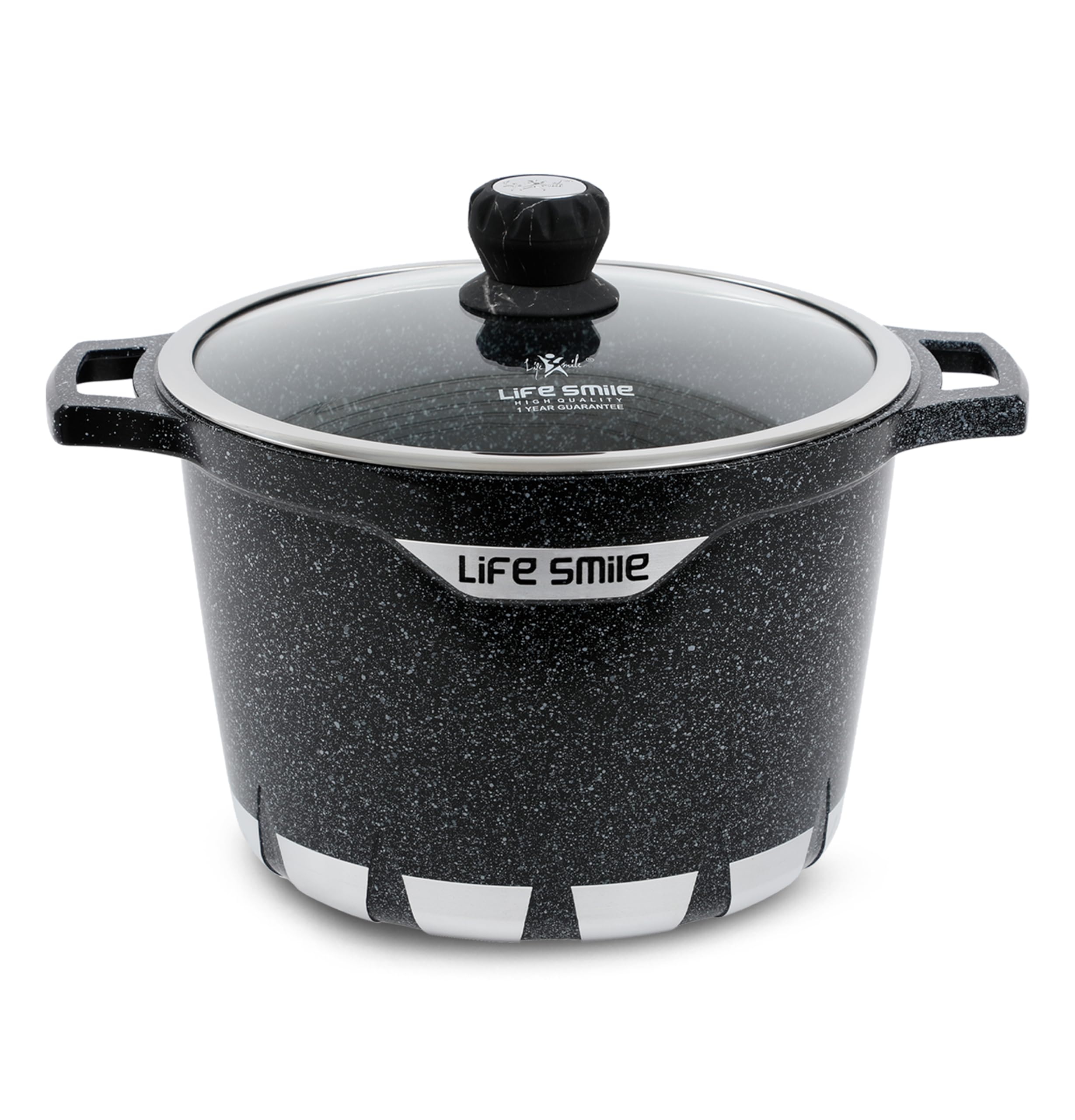 LIFE SMILE Stock Pot | Granite Deep Cooking Pot With Glass Lid | 100% PFOA Free, Fixed Handle | Multi Layer Non-Stick Granite Coating | oven safe & Scratch Resistant (Black, 28CM (11 Liters))
