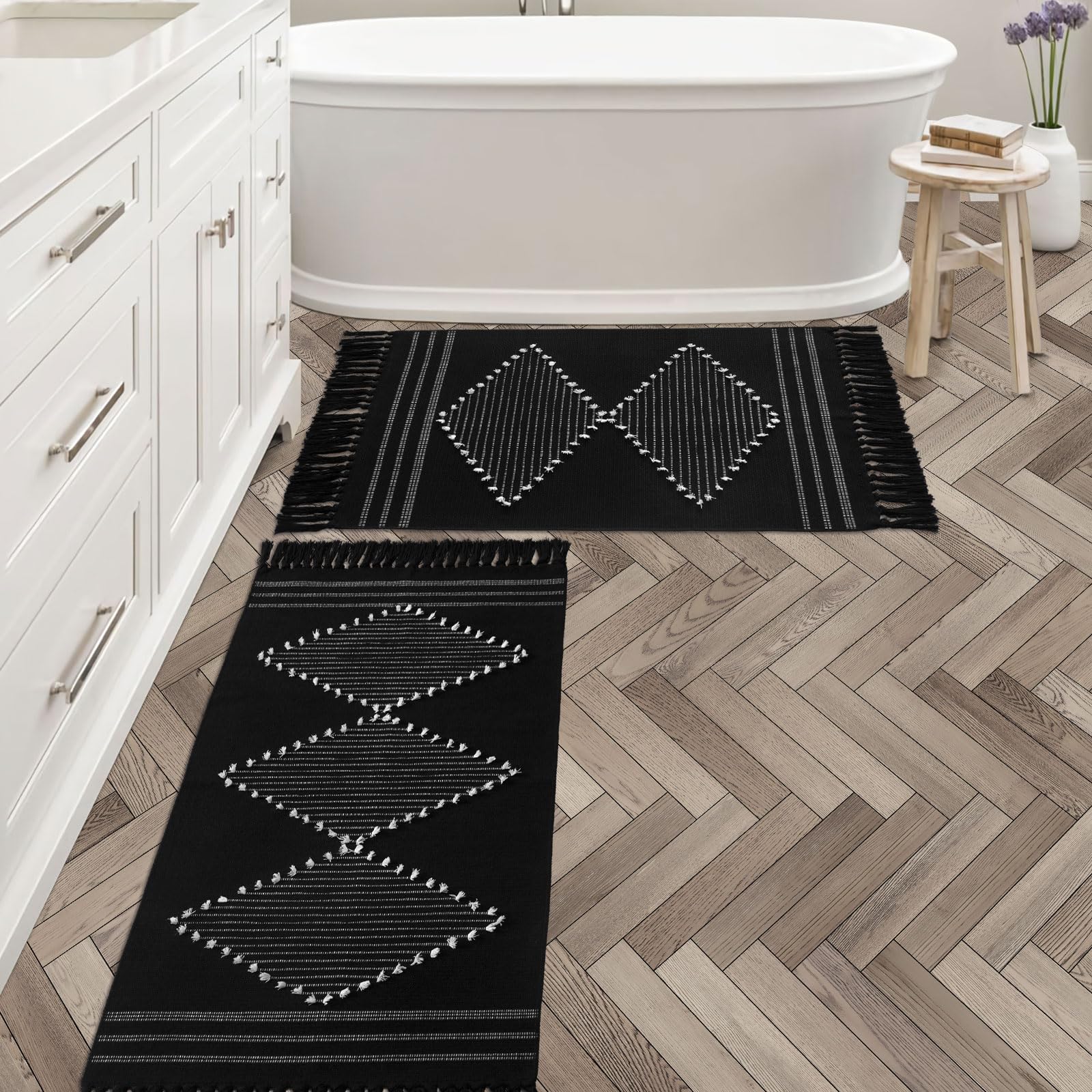 MitoVilla Boho Bathroom Rug Set 2 Piece, 2'x3'+2'x4.3', Black Runner Rug for Kitchen, Cotton Woven Washable Vintage Country Throw Rug for Hallway, Entryway, Laundry Room, Floor