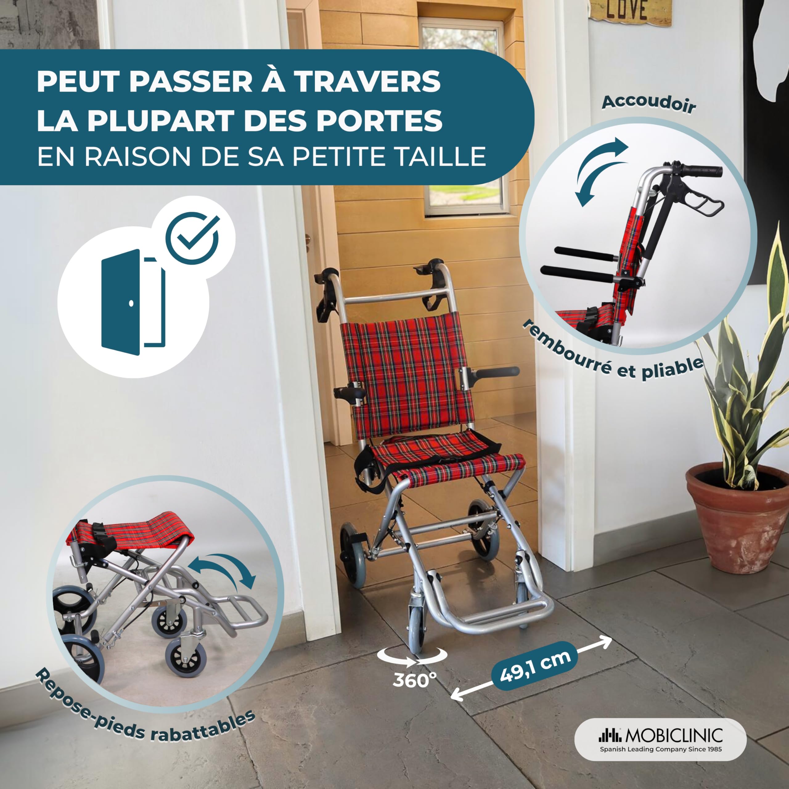 Mobiclinic, Fauteuil roulant Transit, modèle Neptuno, Aluminium, Pliant, Frein sur poignées, Marque européenne, Repose-pieds pliants, Accoudoirs pliants, Léger, Ceinture de sécurité