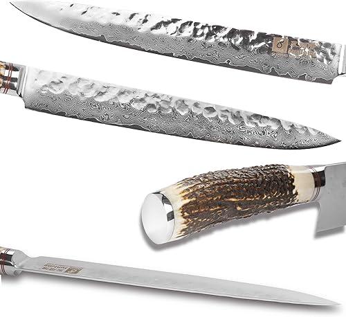 Vista 14 de SUNLONG Cuchillo Santoku de Damasco de 7 pulgadas, cuchillo de chef profesional, japonés de 67 capas, acero de Damasco de alto carbono, mango