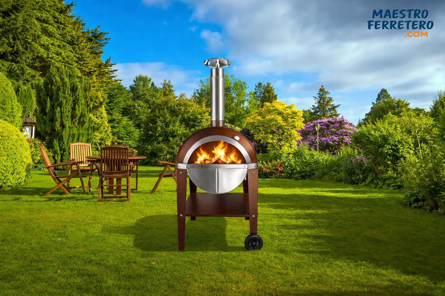 MF - Four à bois d'extérieur pour pizzas et pain modèle Chef Junior imitation rouille avec table pour jardin