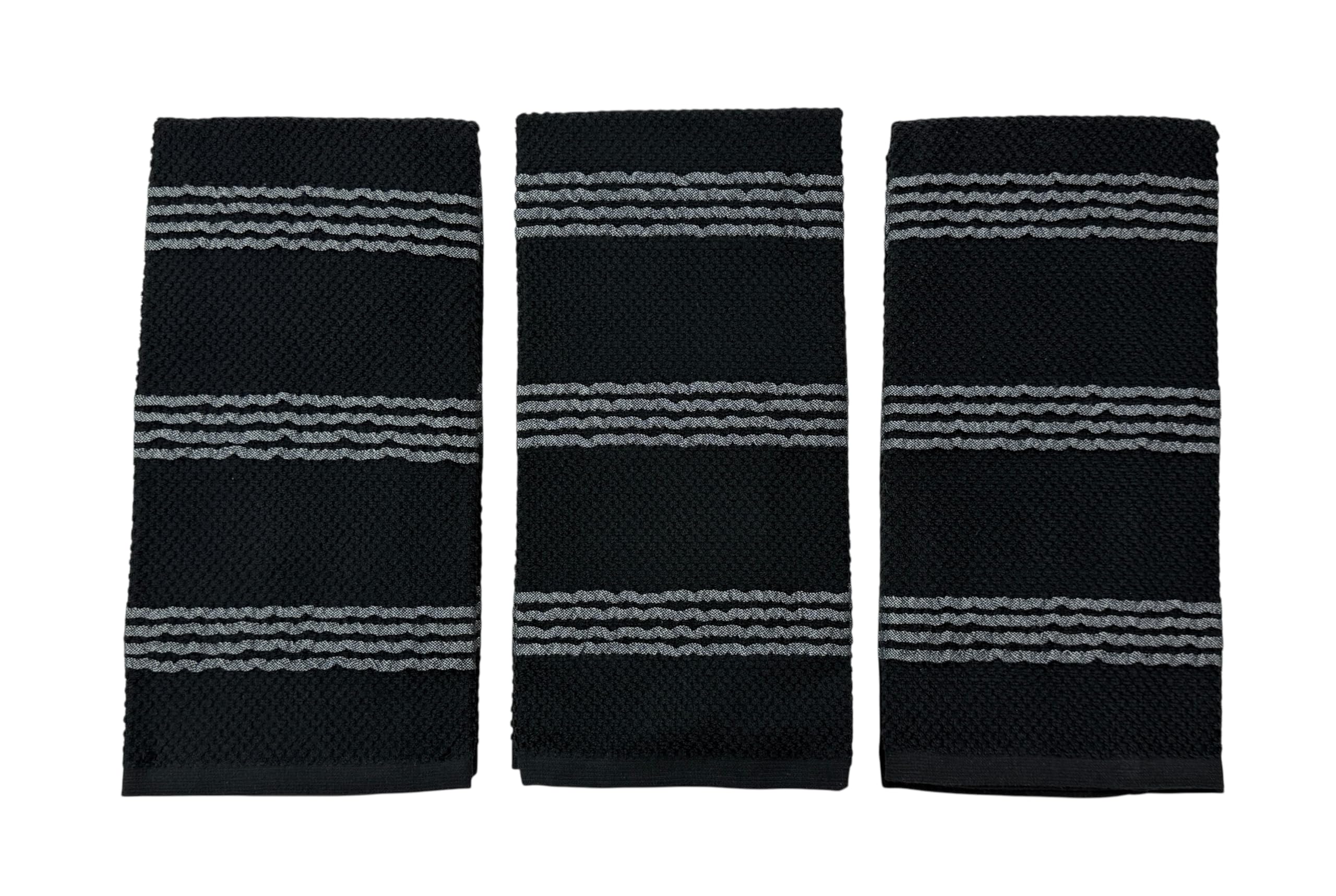 Thanksgiving Kitchen Towels- Set of 3 100% Cotton Black with Woven Grey Horizontal Stripe Pattern Design- 16 x 26 Multipurpose Towels for Everyday Use