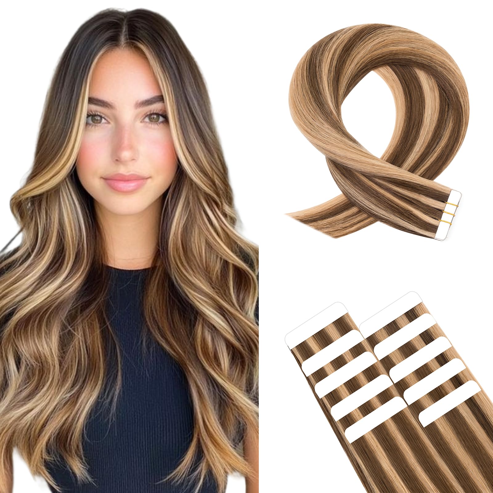 Benehair Tape in Hair Extensions Human Hair Invisible Skin Weft Remy Medium Brown Mix Dark Blonde Seamless Injected Hair Extensions Real Human Straight 10 Pcs 20 Inches (25g)