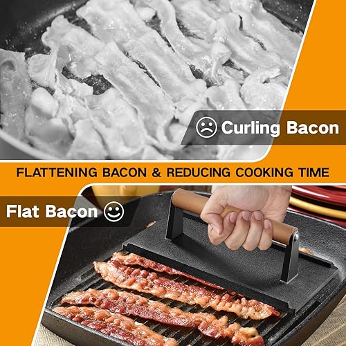 Miniatura 4 de Yoehka Prensa de parrilla de hierro fundido, 2 unidades, prensa de tocino, hamburguesaplanchachef con mango de madera, carne perfectamente a la