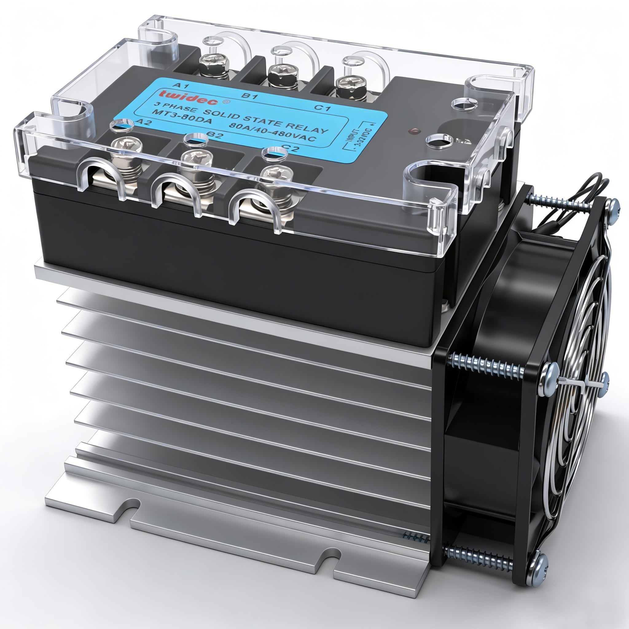 Twidec Relè a stato solido a 3 fasi 80DA SSR relè da CC a AC 40A 3-32VDC a 40-480V AC Relè + dissipatore di calore in alluminio + ventilatore elettrico MT3-80DA-SF