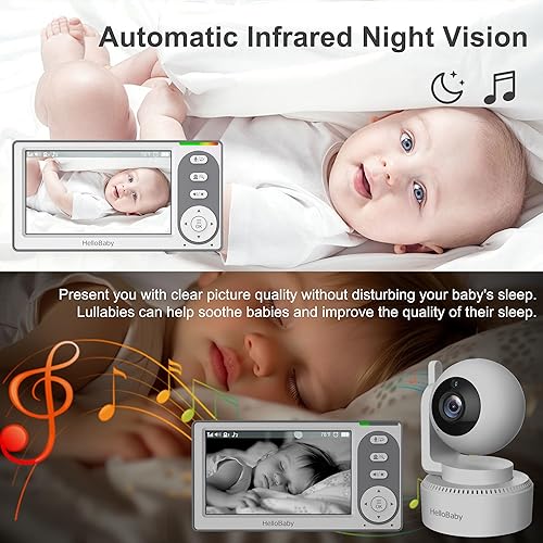 Miniatura 5 de HelloBaby Monitor de bebé de video de 4.3 pulgadas con batería de 30 horas, monitor de bebé con zoom panorámico remoto sin WiFi, monitor de bebé con