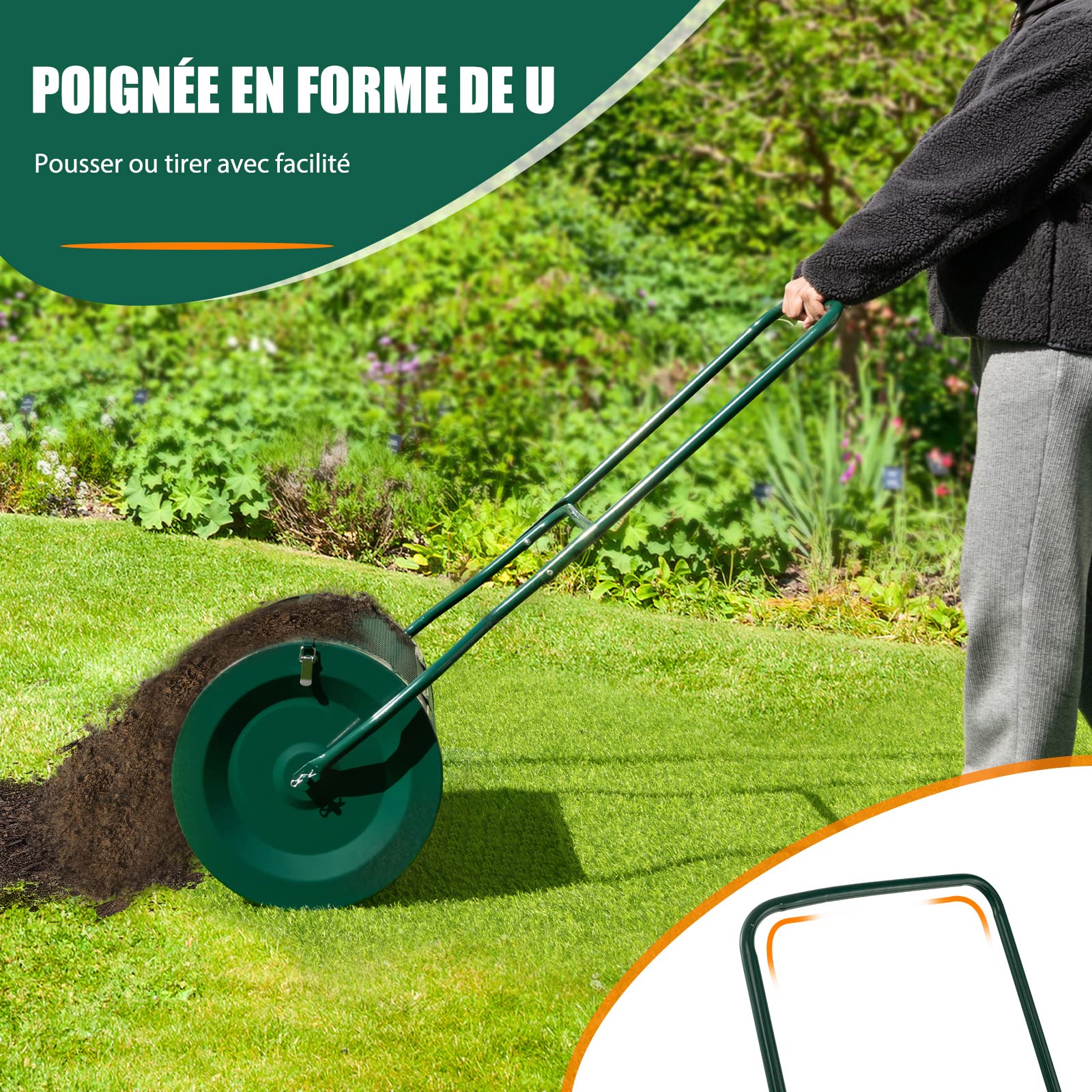 COSTWAY Épandeur à Compost de 60,5 cm Rouleau en Treillis Métallique, Épandeur de Gazon 75 L avec Poignée en Forme de ‘U’ Loquets Latéraux, pour Entretien du Jardin et Pelouse, Vert