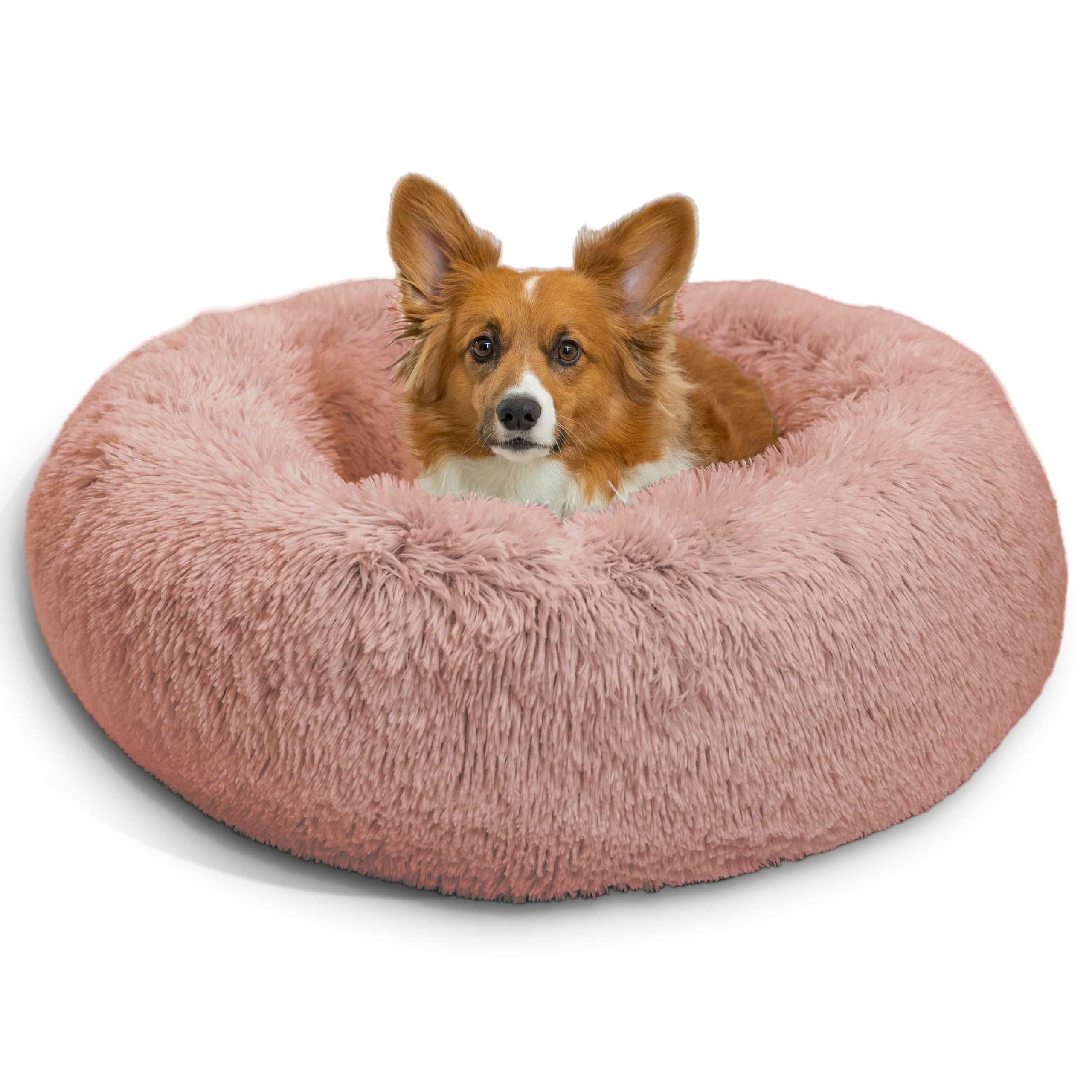 Original Calming Donut Dog and Cat Bed, Shag Faux Fur, Dusty Rose, (30in x 30in) - Anxiety Relief for Pets Up to 45 lbs