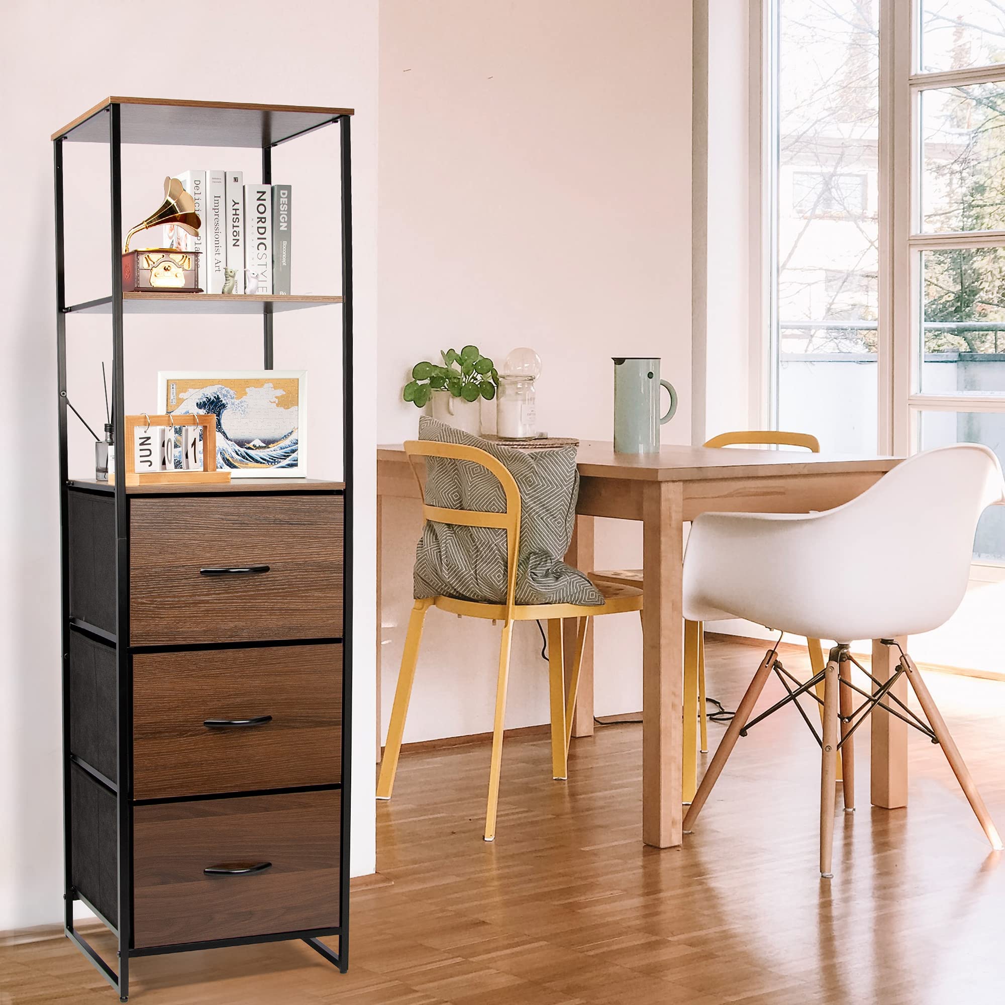 CONNOO Industrial Bookcase with 3 Drawers, 3Tier Shelf Organizer Unit