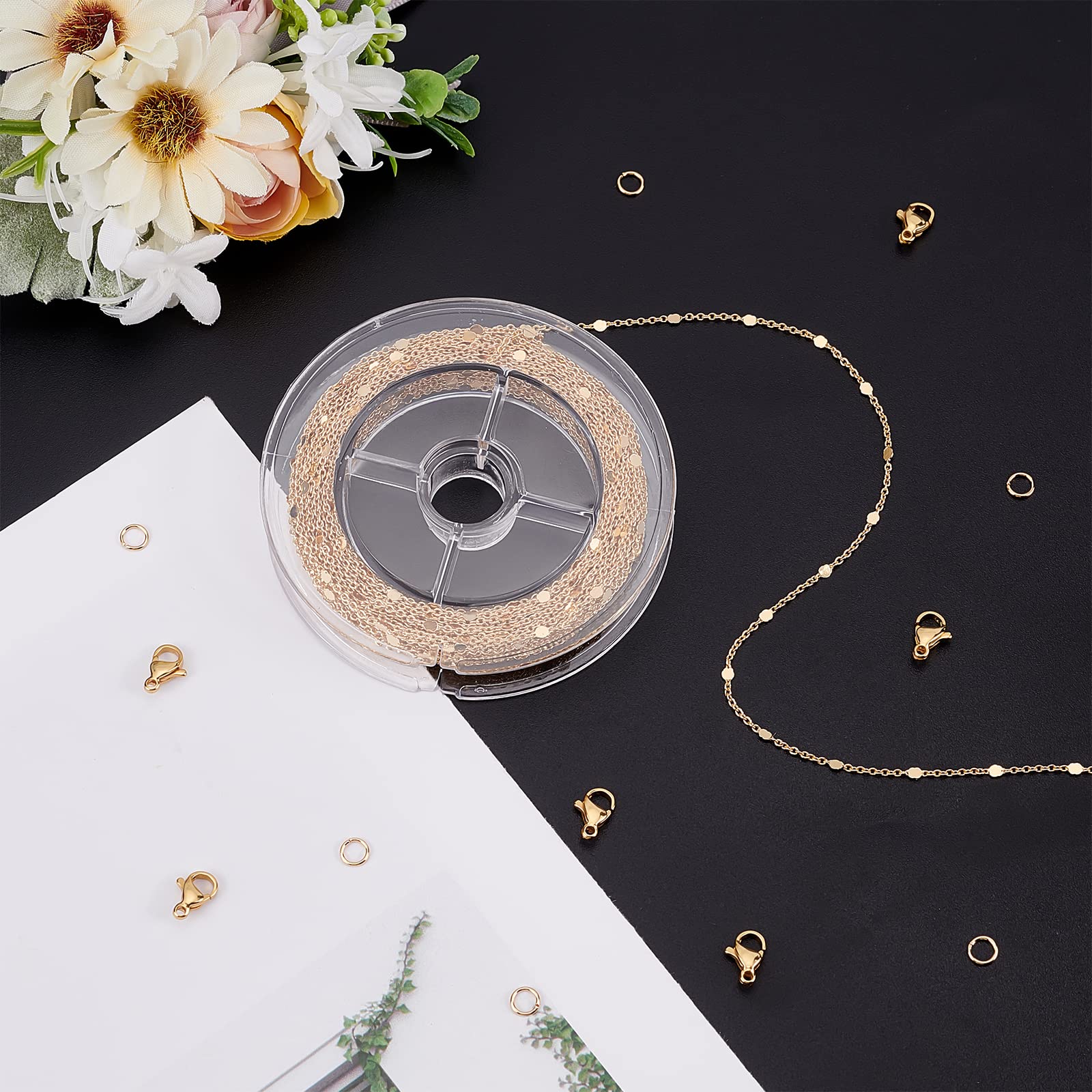 Beebeecraft 32.8 piede 18K Catene Placcate Oro per La Creazione di Gioielli Catena Cavo A Maglie Piatte Tonde con 20 chiusure A Moschettone e 50 anelli di Salto