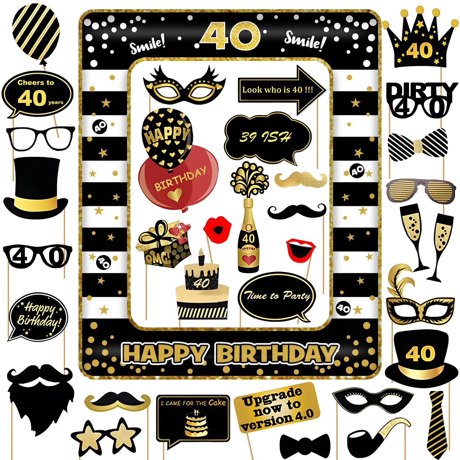 twirush 40th Birthday Photo Booth Props and Inflatable Selfie Frame, 35 Pcs 40th Funny DIY Birthday Party Props for Women Men, Black Gold Inflatable Party Photo Booth Frame