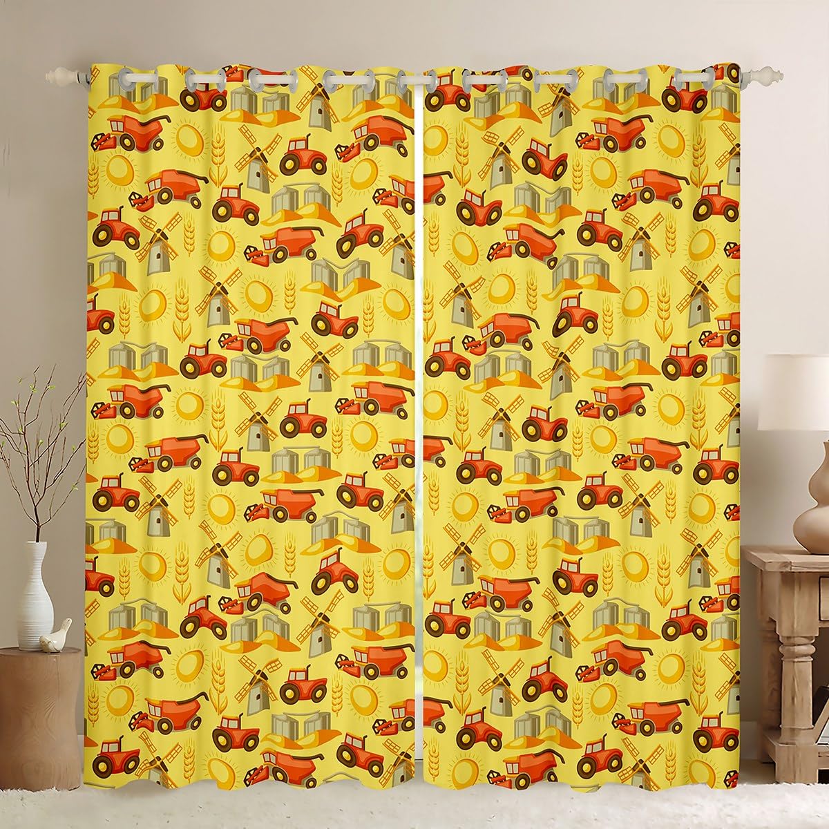 Homemissing Tractor Darkening Drapes Cartoon Farm Equipment Trucks Curtains for Bedroom Living Room Kids Decor Construction Car 30%-50% Blackout Curtains Vehicle Window Treatments Yellow W46*L54