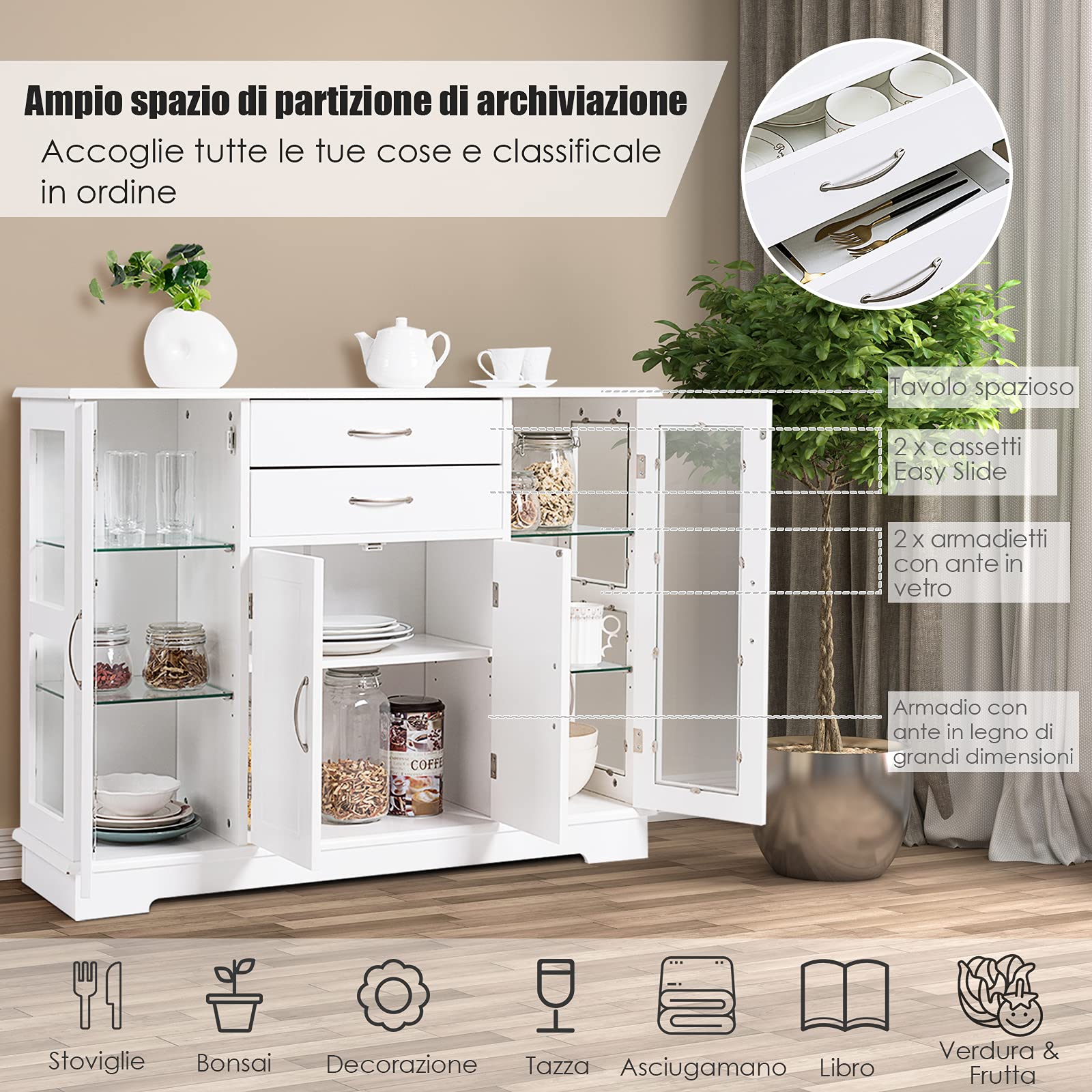 GYMAX Credenza per Cucina, Mobile di Stoccaggio per Cucina con Porte e Ripiani, 2 Vetrine in Vetro per Sala da Pranzo, Corridoio, Ufficio 107 x 30 x 82 cm