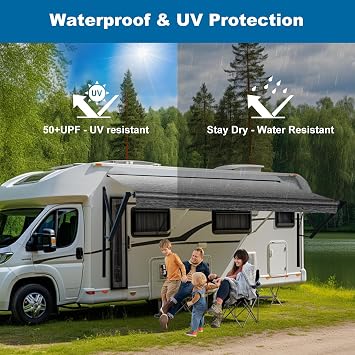 Electric Retractable RV Awning - RV Awning Complete Kit with Motor & Remote Control, 14' Retractable Awning with Aluminum Alloy Frame for Camper, 5th Wheel, Travel Trailers, Toy Haulers,Motorhome