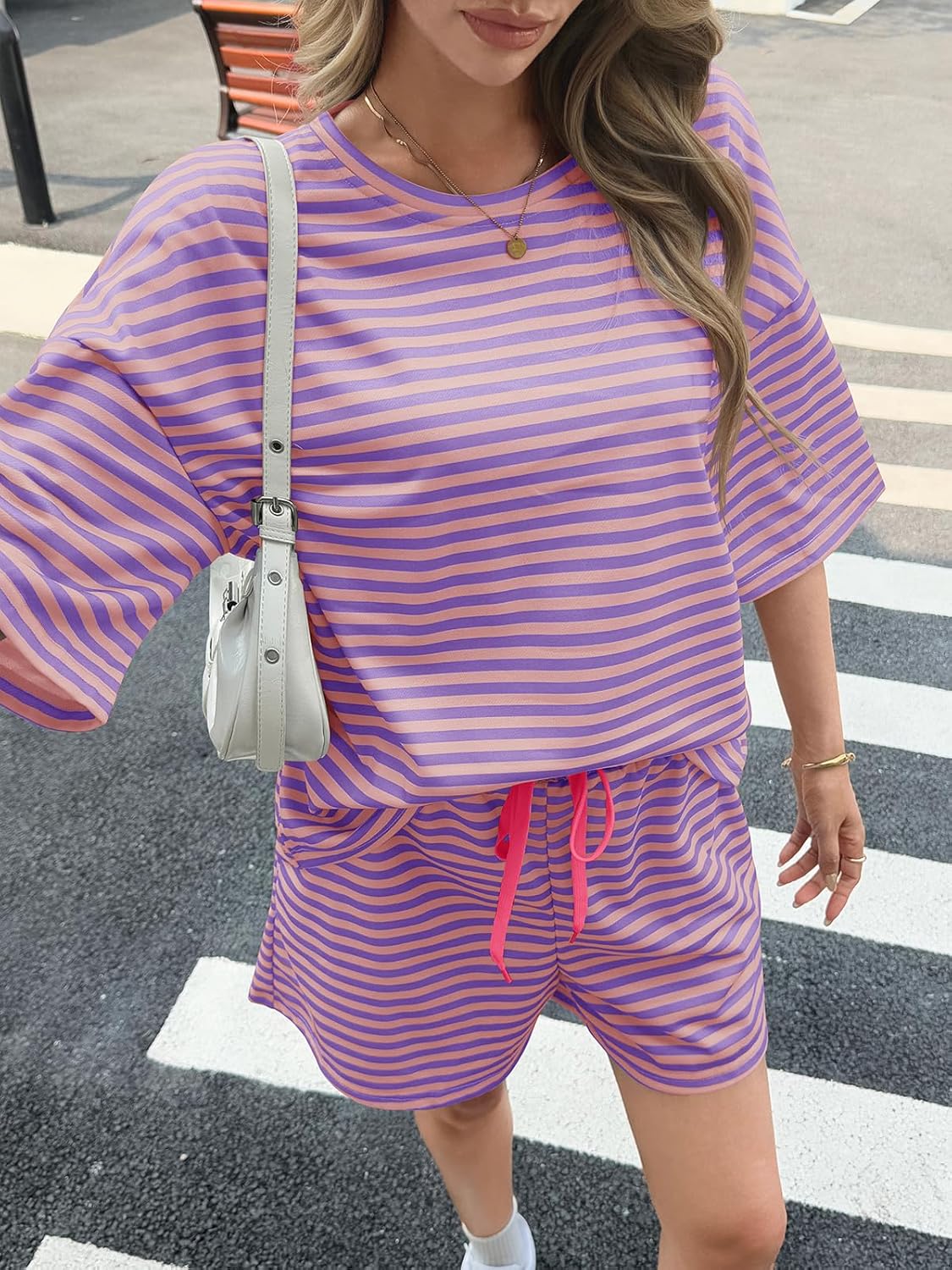 Fisoew Womens Striped 2 Piece Outfits Sweatsuits 3/4 Sleeve Oversized Tops High Waisted Shorts Casual Lounge Sets