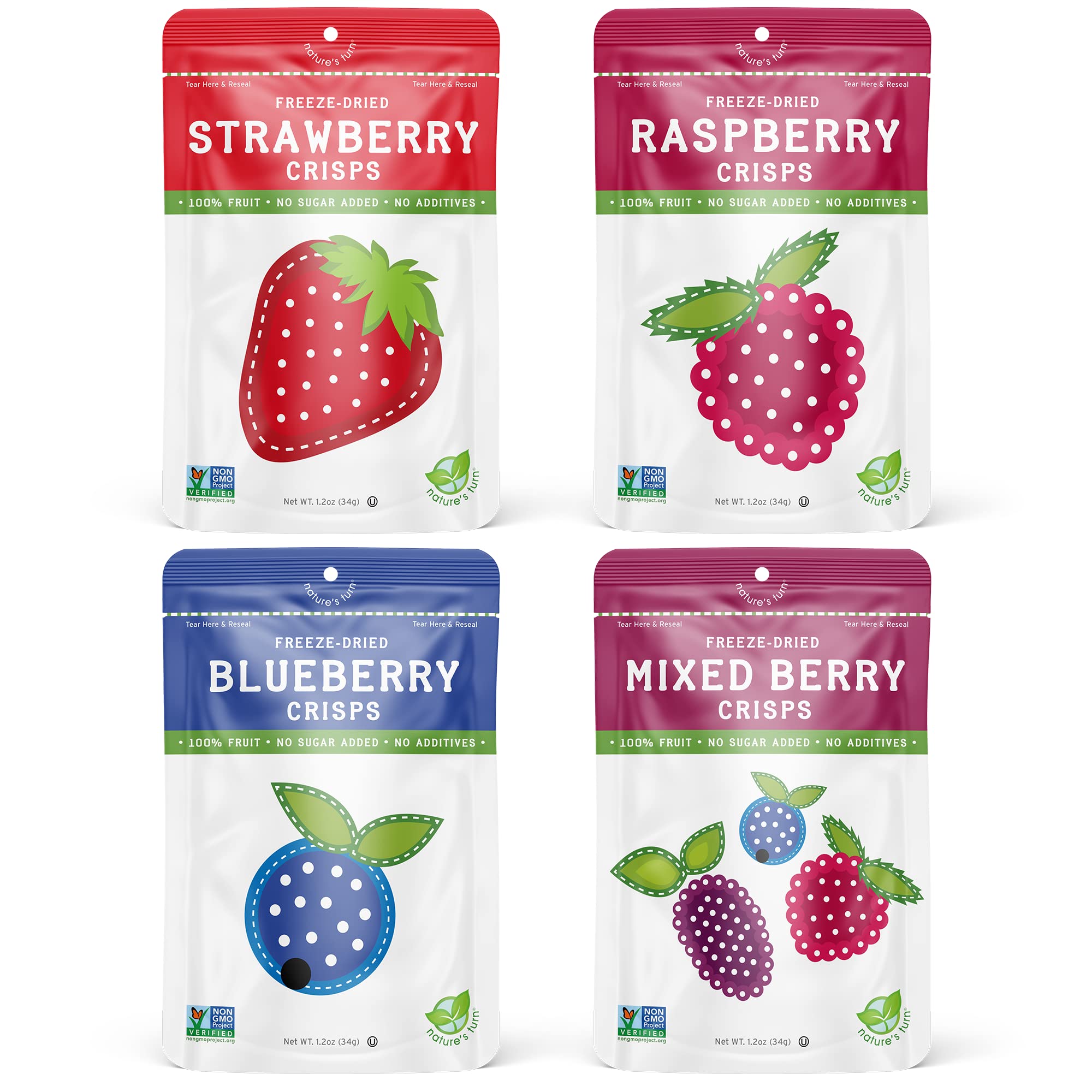 Nature's Turn Freeze-Dried Fruit Snacks - Very Berry Variety Pack - Perfect For School Lunches or an On-The-Go Snack - No Sugar Added, Non GMO, Gluten Free, Nothing Artificial (1.2oz) 4-Pack