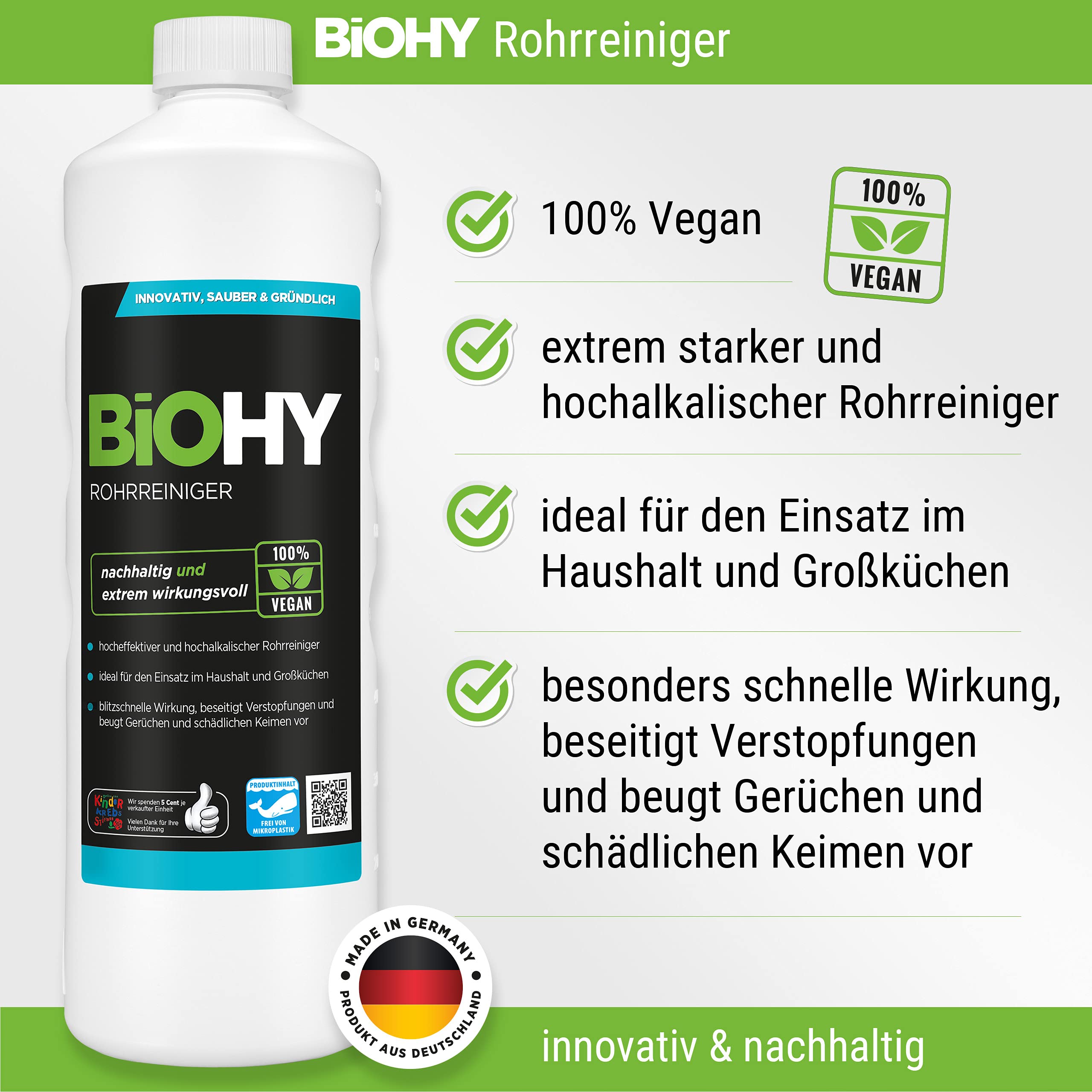 BiOHY Juego combinado de productos de limpieza con dosificador y pastillas para lavavajillas (8 x 1 L), para todos los ámbitos de aplicación, potente y eficiente, limpiador 100% vegano sin