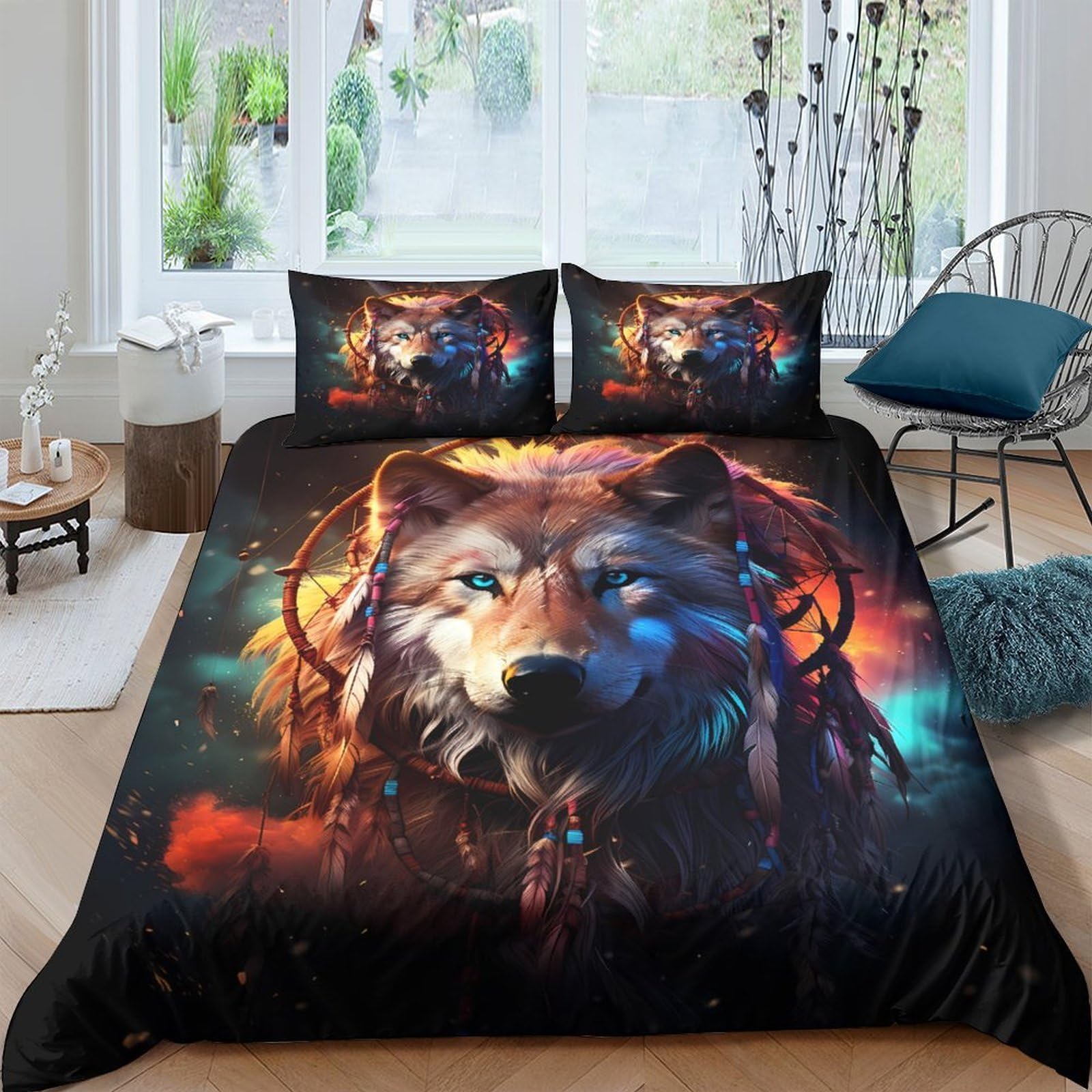 GPLZQXKJNH 3D Printed Wolf Dreamcatcher Duvet Cover Microfiber Soft Breathable Fire Moon Bedding Set with 2 Pillowcases for Bedroom Decor Single（135x200cm）