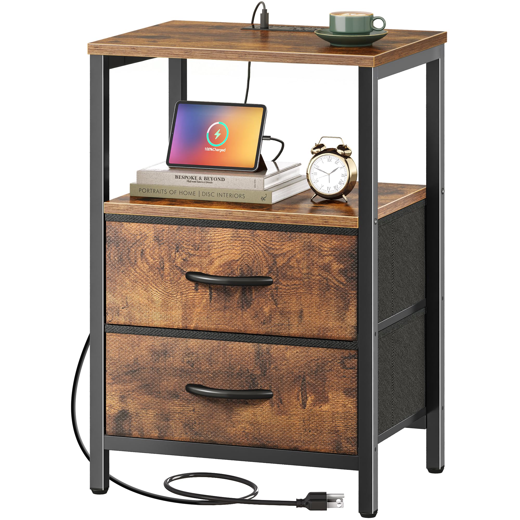 Huuger Nightstand with Charging Station, Fabric Drawers, End Table with Open Shelf, Bedside Table with USB Ports and Outlets, Night Stand for Bedroom, Rustic Brown