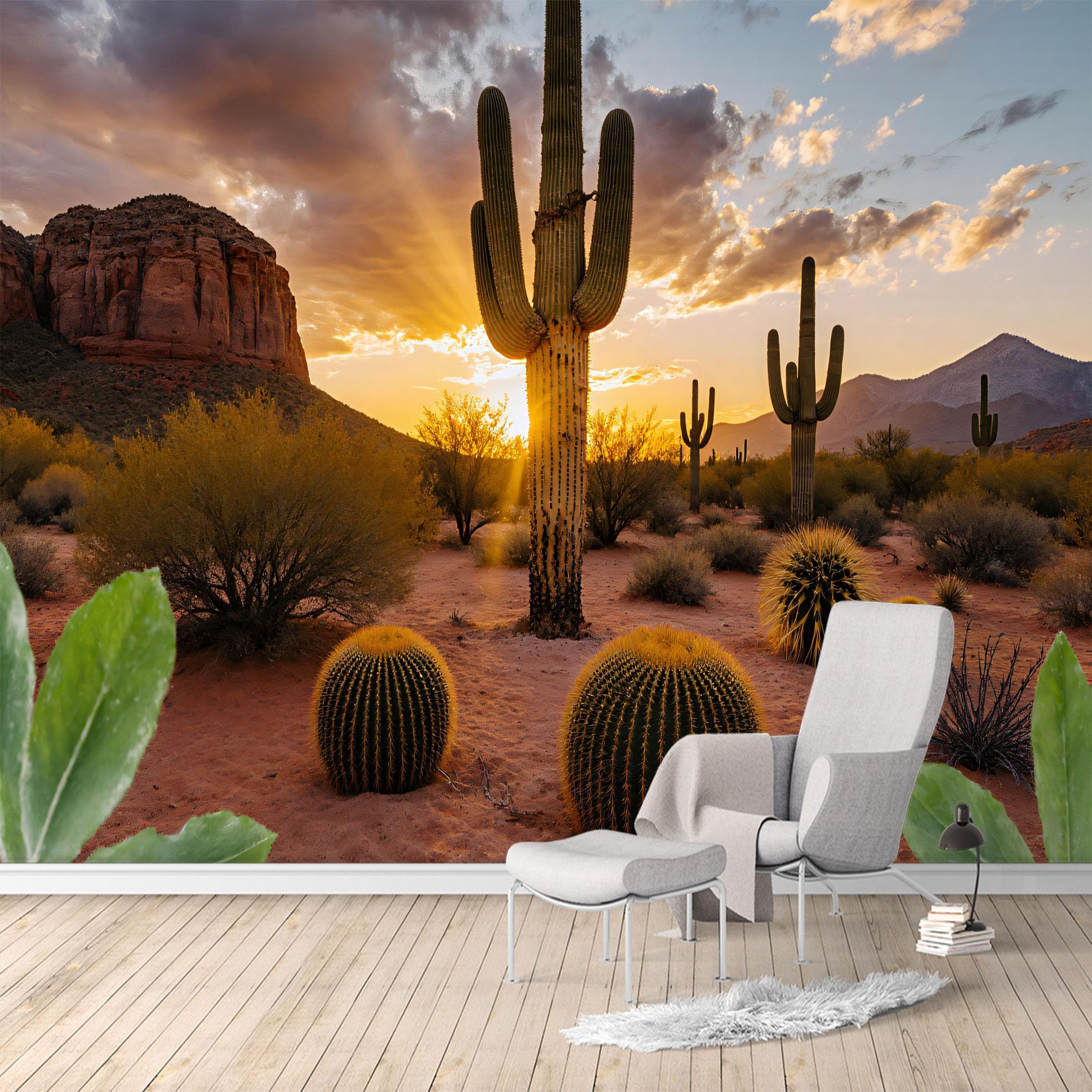 Custom Size Wall Murals, Desert Sunset Saguaro Cactus & Red Rock, Removable Self Adhesive Large Wallpaper Mural for Living Room Bedroom Office Home Decor