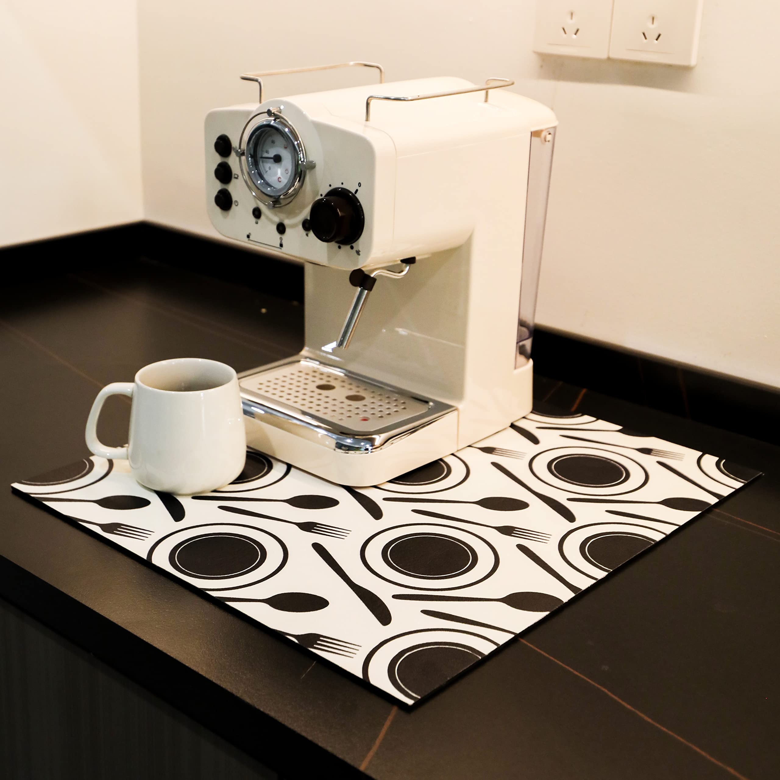 YIHOUSEAbsorbent Dish Drying Mat for Kitchen Countertop Coffee Bar Mats Stain Resistance Espresso Machine Black White Accessories Large (16 x 18 Inches, Cutlery)