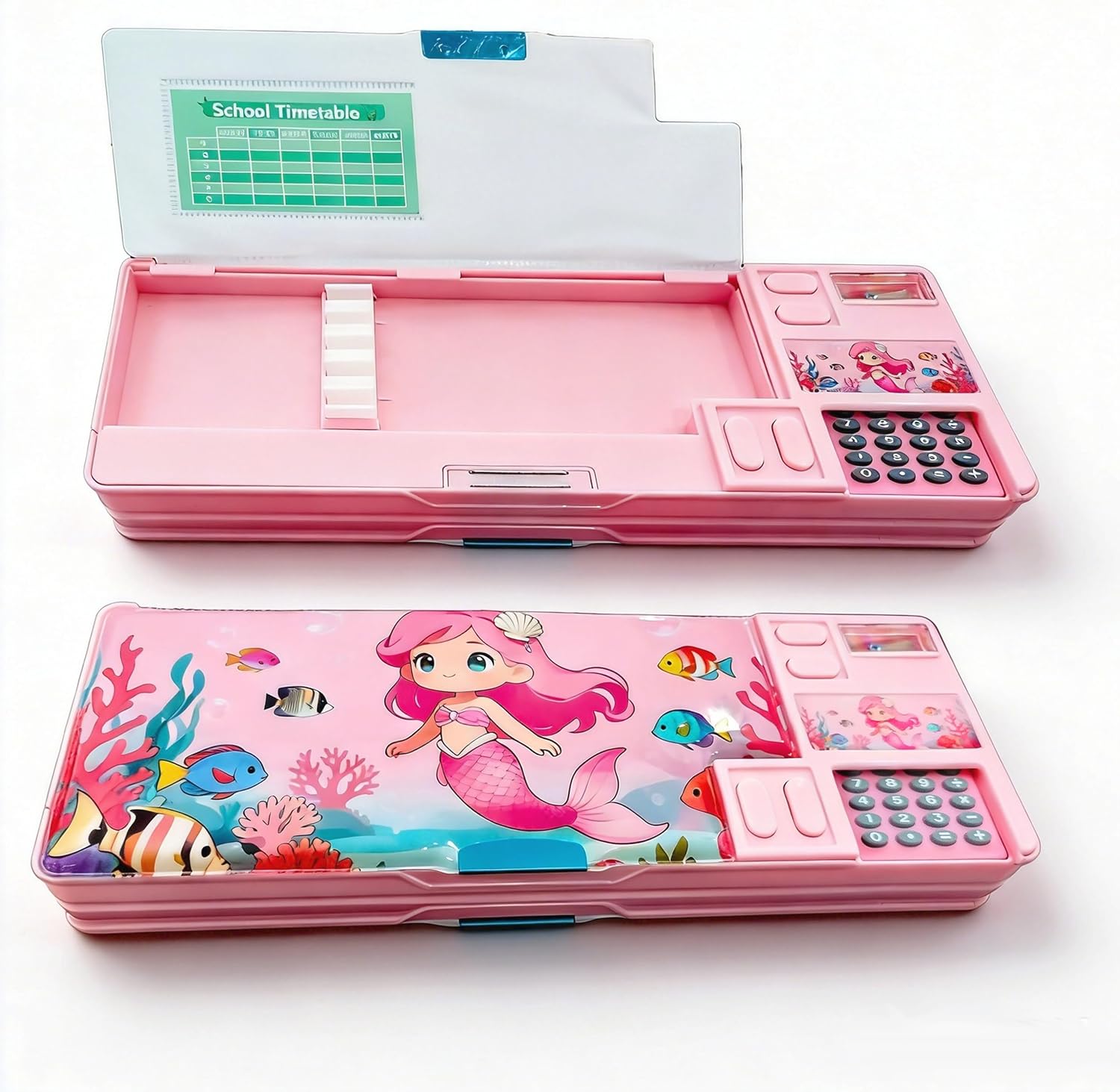 Pop Up Multifunction Pencil Case for Boys and Girls with Calculator, Sharpener, Cute School Supplies Pencil Box, Stationery Organizer, Best Gift Birthday Present for Kids (Pink mermaid)