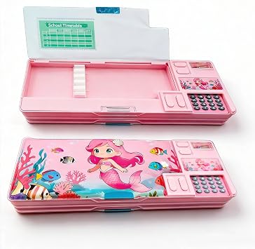 Pop Up Multifunction Pencil Case for Boys and Girls with Calculator, Sharpener, Cute School Supplies Pencil Box, Stationery Organizer, Best Gift Birthday Present for Kids Pink mermaid