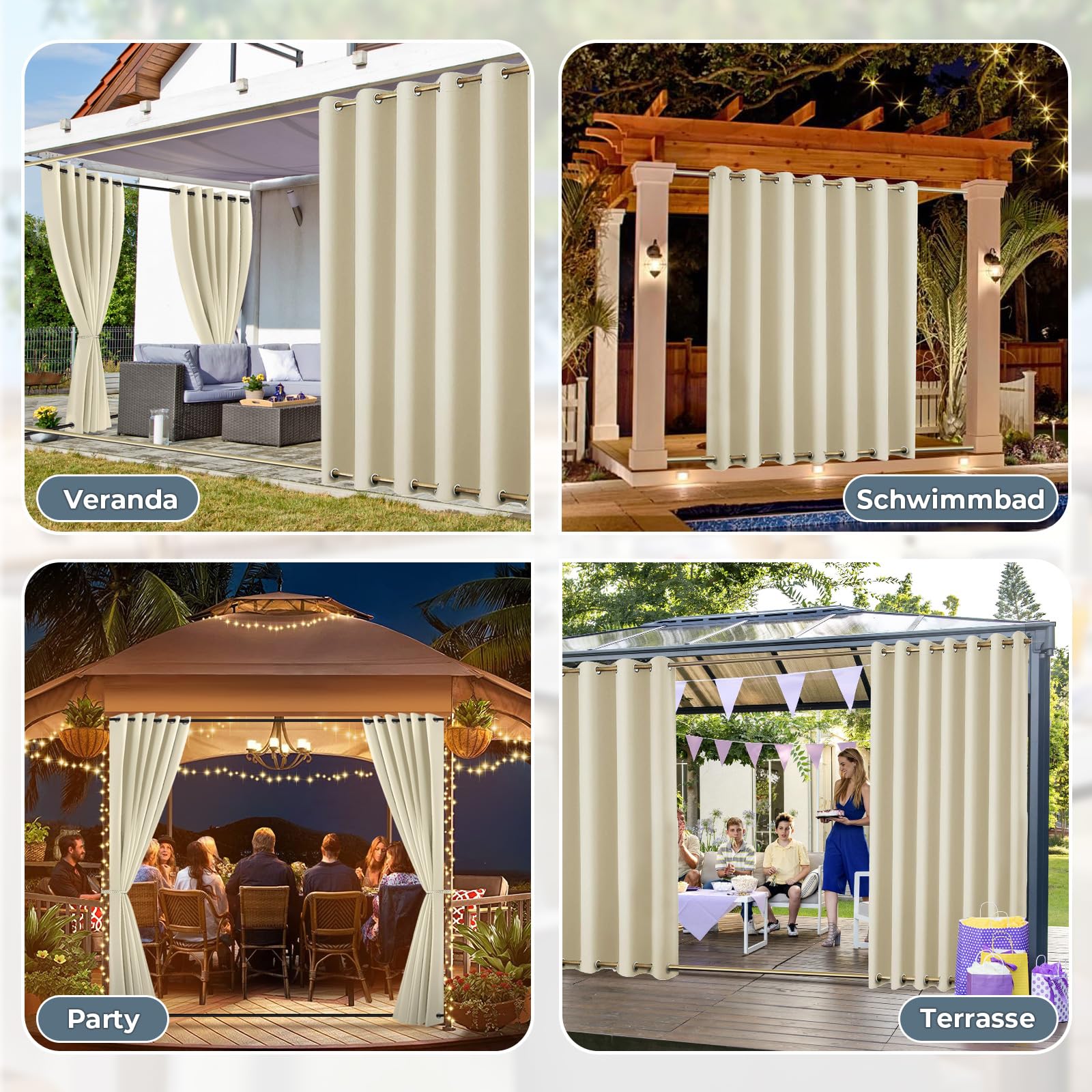 Vorhang Outdoor Wetterfest B254xH274CM, Wasserdicht Outdoorvorhänge mit Ösen, Aussen Gardinen Winddicht Sonnenschutz Sichtschutz für Garten Terrasse Balkon Pergola Pavillon (Beige)