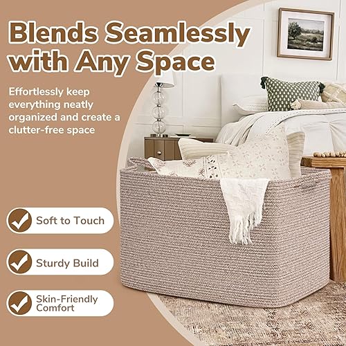 Vista 20 de Goodpick Cesta grande de almacenamiento de juguetes, cestas de cuerda de algodón gris para bebés, niños, cesta de almacenamiento tejida con asa
