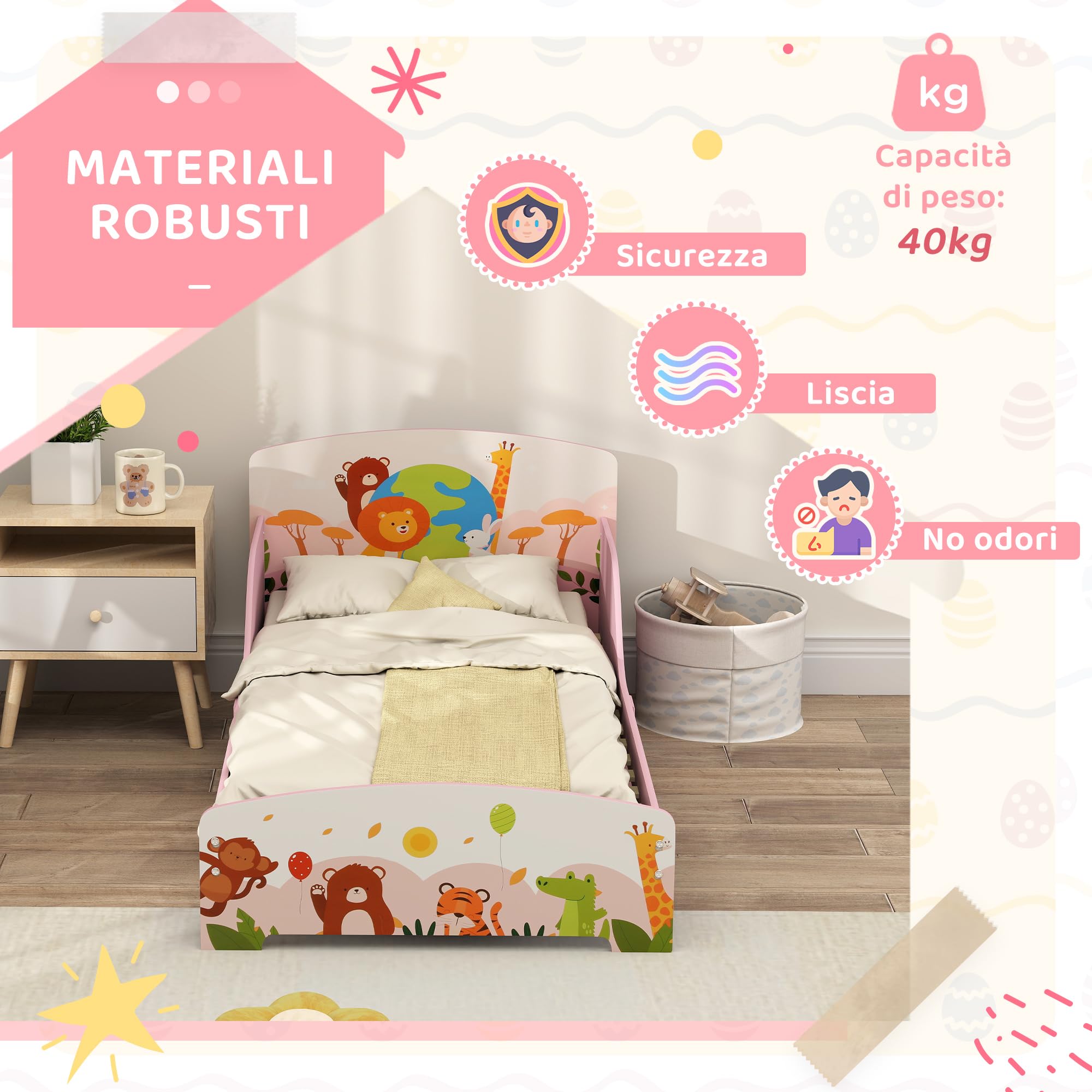 AIYAPLAY Lettino per Bambini 3+ Anni con Bordi Rialzati e Sponde di Sicurezza, Letto Bambini in Legno, 143x77x60 cm, Rosa
