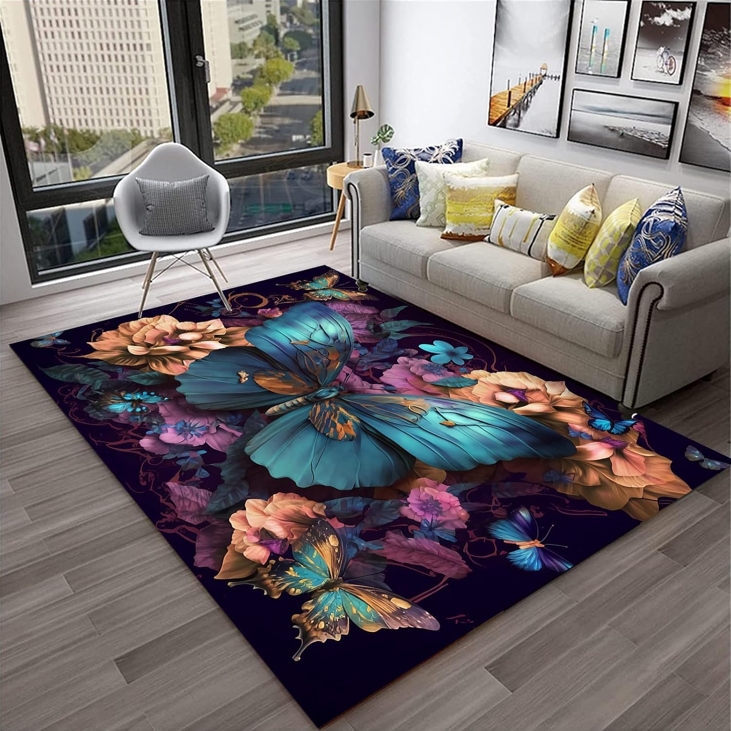 Tapis de salon papillon 120x160 cm lavable et antidérapant pour intérieur