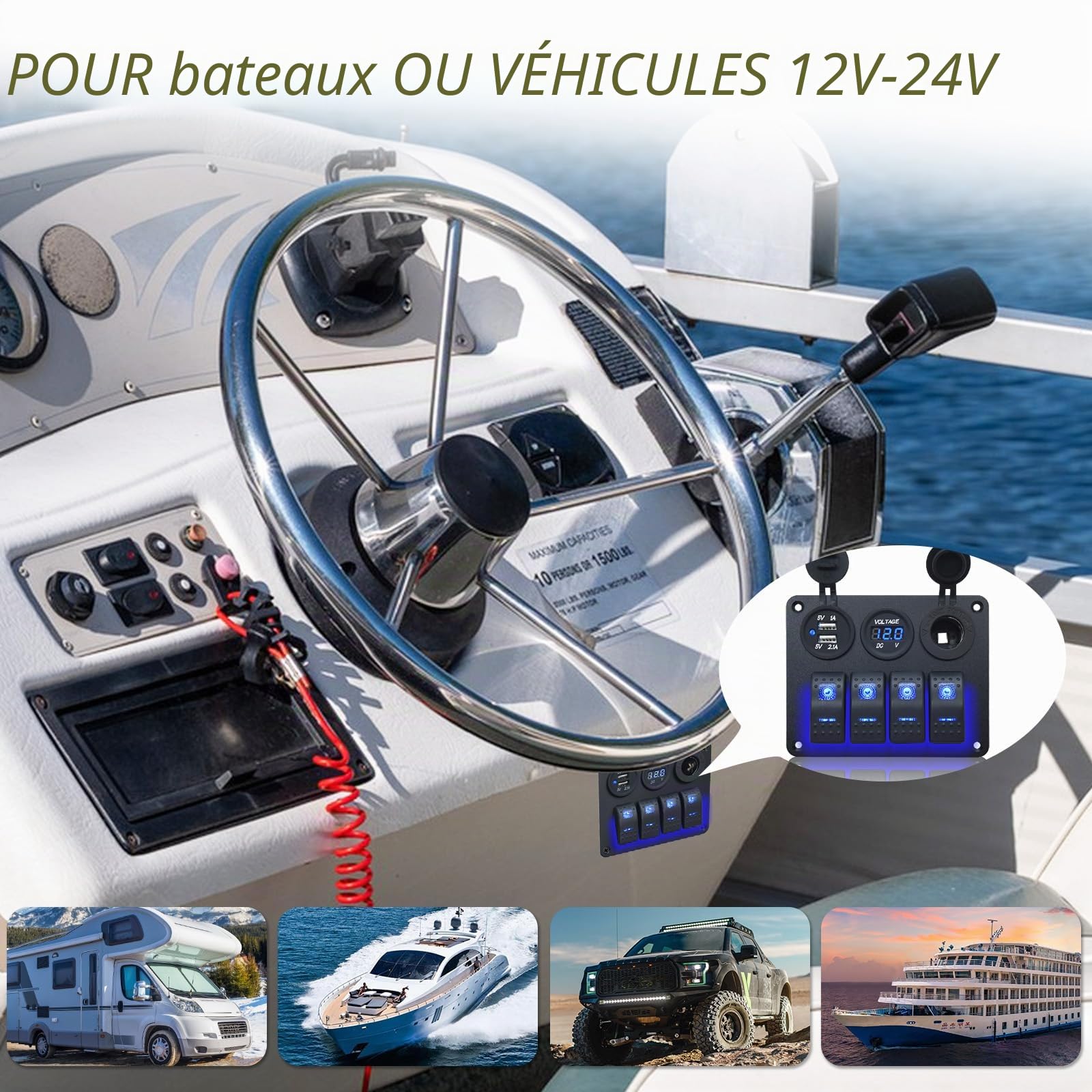 Geloo Panneau d'interrupteur étanche 4 vitesses avec prise USB 3,1 A - Prise allume-cigare - Voltmètre pour camion, bateau, voiture, camping-car