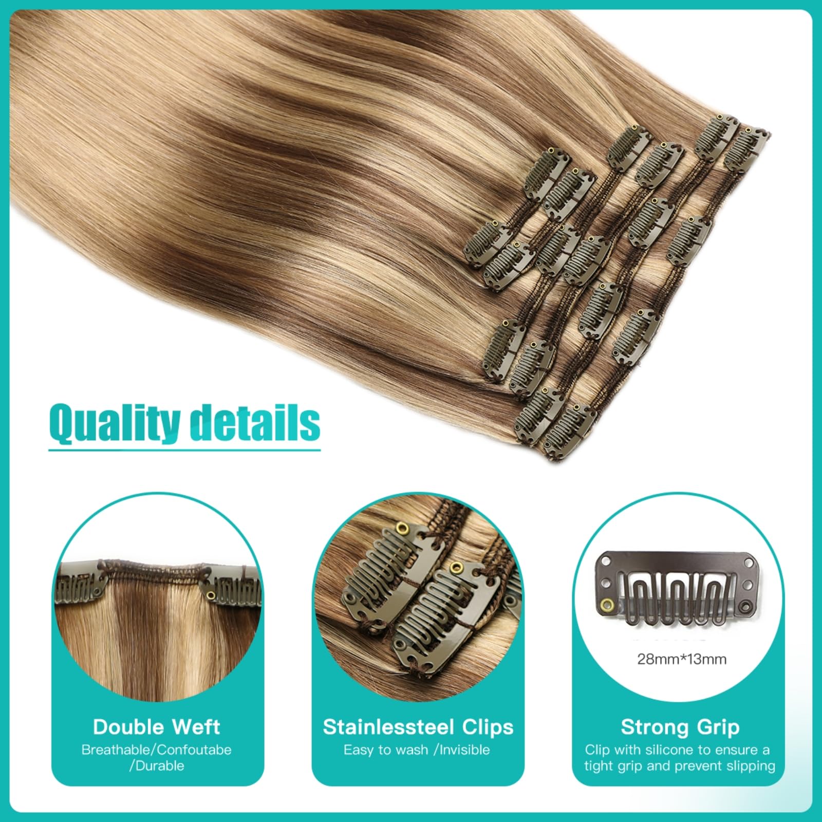 SURNEL Extensiones De Clip De Pelo Natural 100g 40cm 6 Piezas Balayage Marrón Claro a Rubio Caramelo Remy Humano Real(C#10/27/27-40cm)