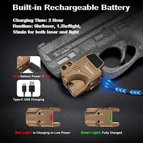 Miniatura 4 de Red Green Blue Purple Laser Beams with 800 Lumens Flashlight for Pistols, 3 in1 Laser Light Combo, Tactical USB Rechargeable Laser Sight, Strobe &