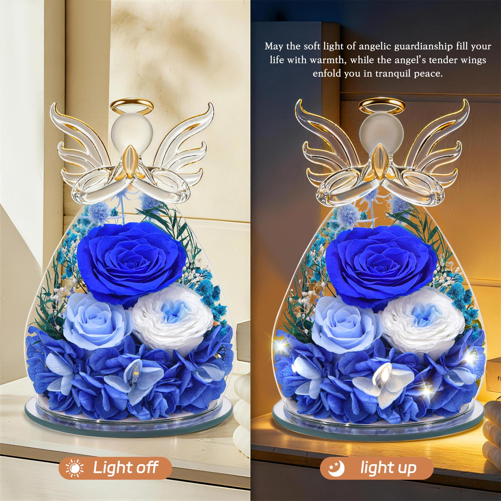 Regalos de Angel Rosa Eterna para Mamá, Regalo para Madre Abuela Novia, Regalo del Día de la Madre Flor Eterna con LED (1 Azul + 1 Azul Claro + 1 Rosa Blanca)