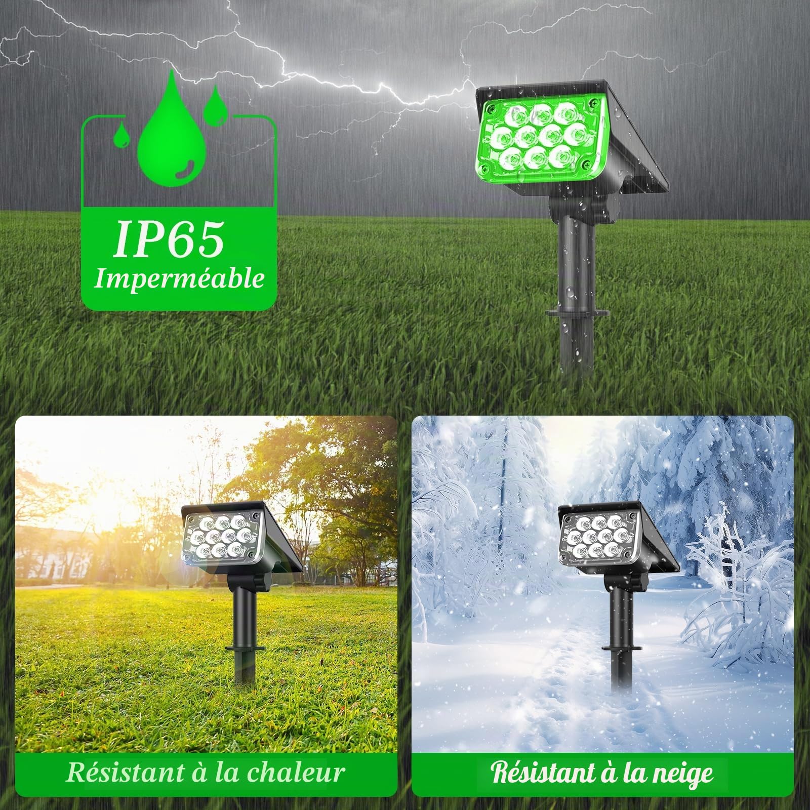 T-SUN 4 Packs Spot Solaire Exterieur Vert Lumiere Solaire Jardin, Lampe Solair Étanche avec 2 Modes, sans Fil Éclairage Solaire Exterieur, Projecteur Solaire Réglable pour Chemins, Jardin